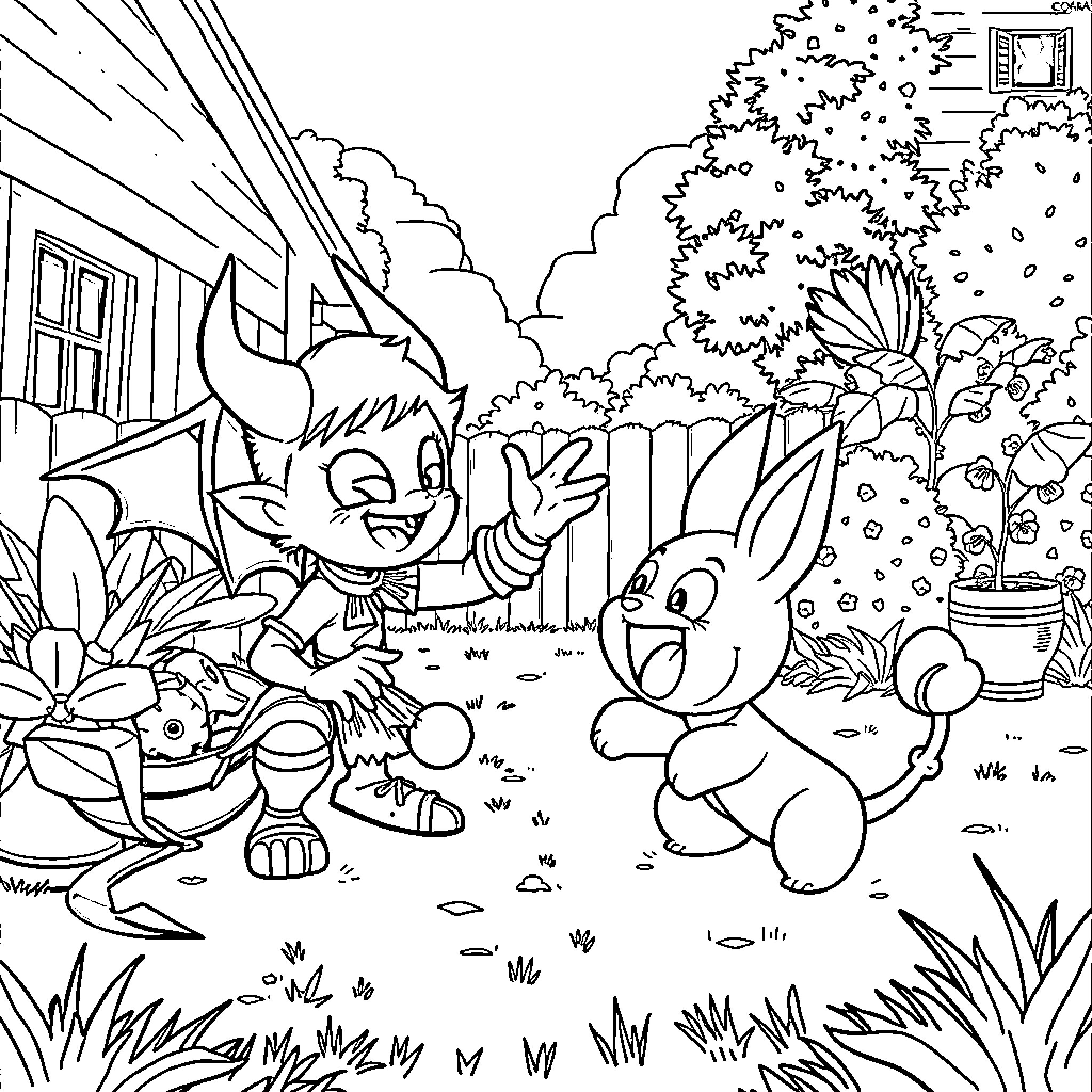 Remi's Playful Adventure in the Garden Coloring Page (free black-and-white line drawing printable PDF for all, from beginners to advanced learners, including children, teens, adults, and seniors)