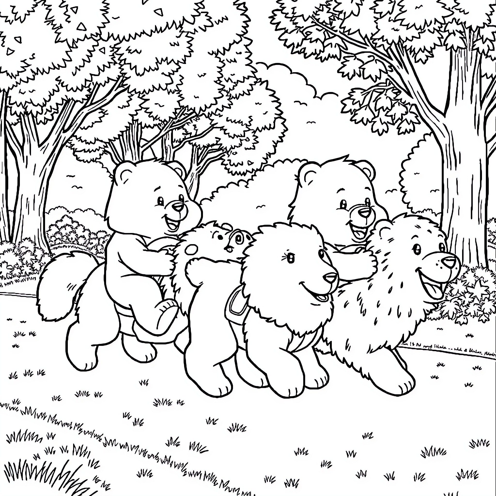 Care Bear friends enjoying a day in the forest Coloring Page (free black-and-white line drawing printable PDF for all, from beginners to advanced learners, including children, teens, adults, and seniors)