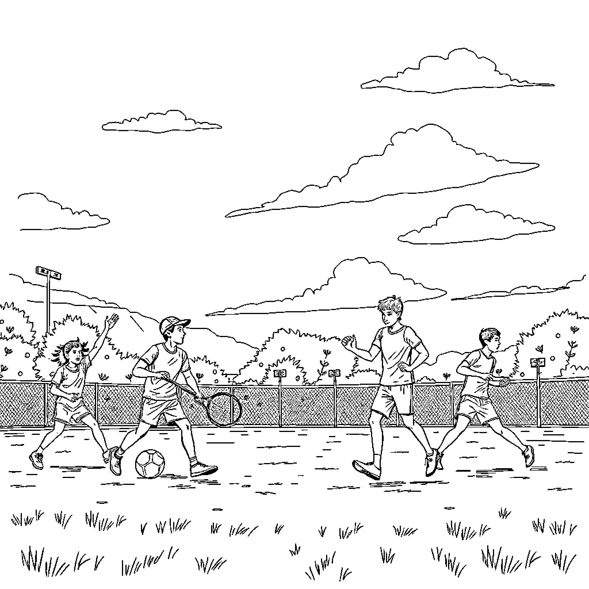 Sport scene of children playing soccer outdoors Coloring Page (free black-and-white line drawing printable PDF for all, from beginners to advanced learners, including children, teens, adults, and seniors)