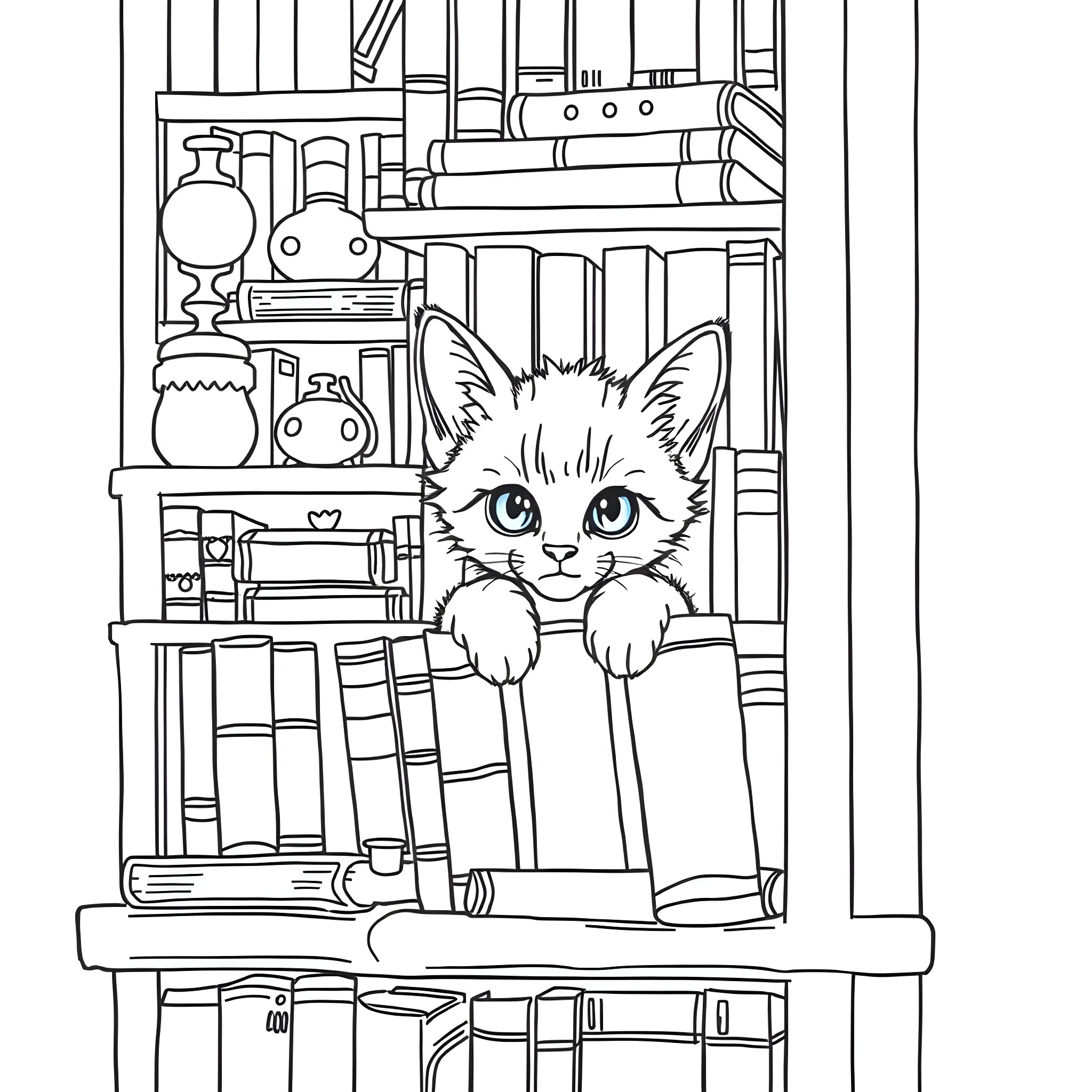 Kitten peeking out from behind bookshelves Coloring Page (free black-and-white line drawing printable PDF for all, from beginners to advanced learners, including children, teens, adults, and seniors)