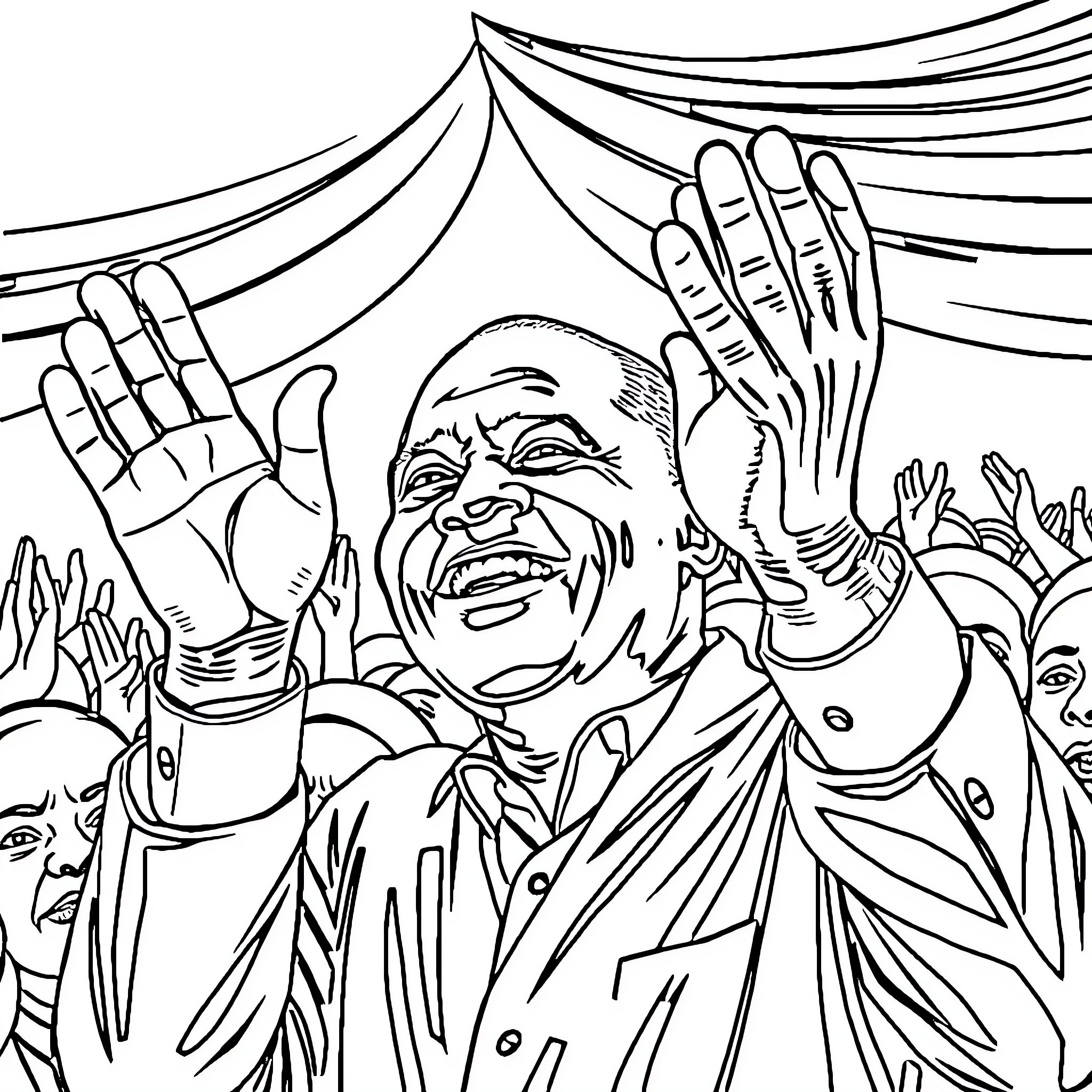 Joseph Kabila addressing and interacting with a crowd Coloring Page (free black-and-white line drawing printable PDF for all, from beginners to advanced learners, including children, teens, adults, and seniors)
