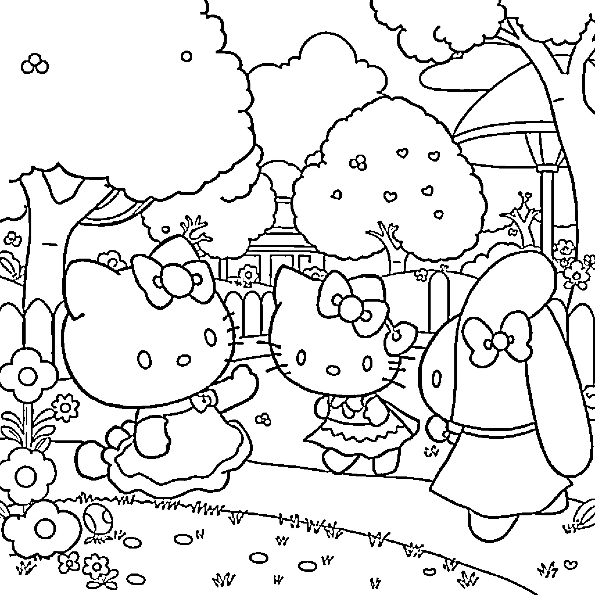 Hello Kitty enjoying a walk through a magical garden Coloring Page (free black-and-white line drawing printable PDF for all, from beginners to advanced learners, including children, teens, adults, and seniors)