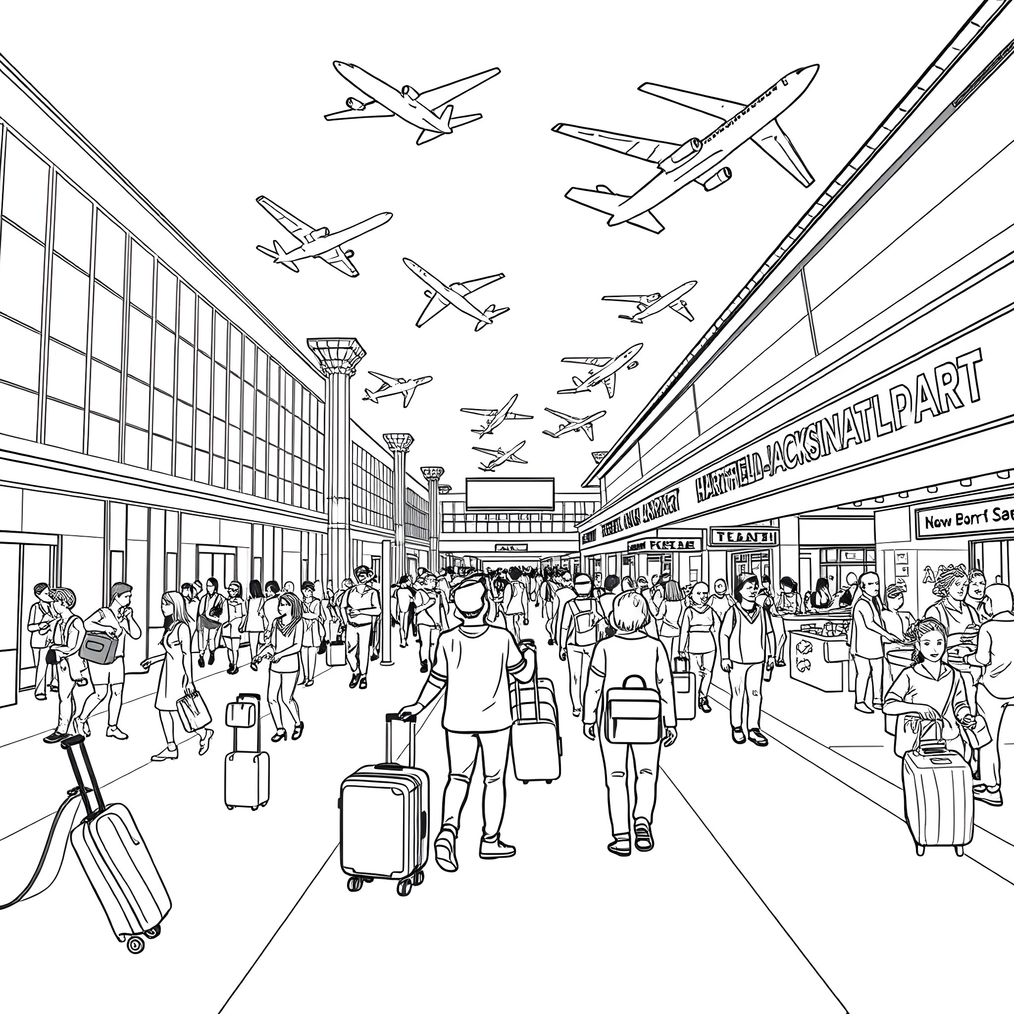 Airport Bustling with Travelers and Airplanes Coloring Page (free black-and-white line drawing printable PDF for all, from beginners to advanced learners, including children, teens, adults, and seniors)