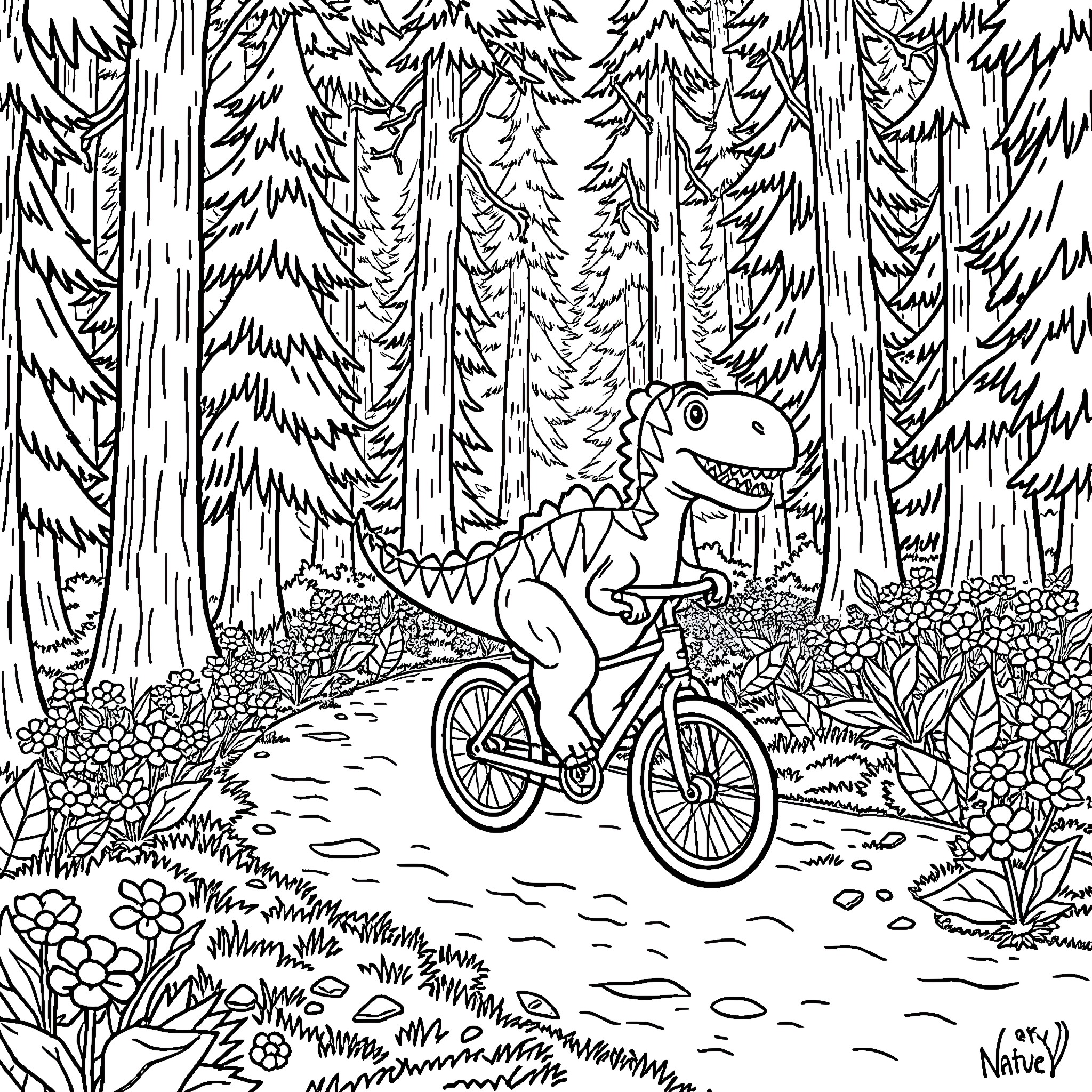 Dinosaur riding a bicycle in the forest Coloring Page (free black-and-white line drawing printable PDF for all, from beginners to advanced learners, including children, teens, adults, and seniors)