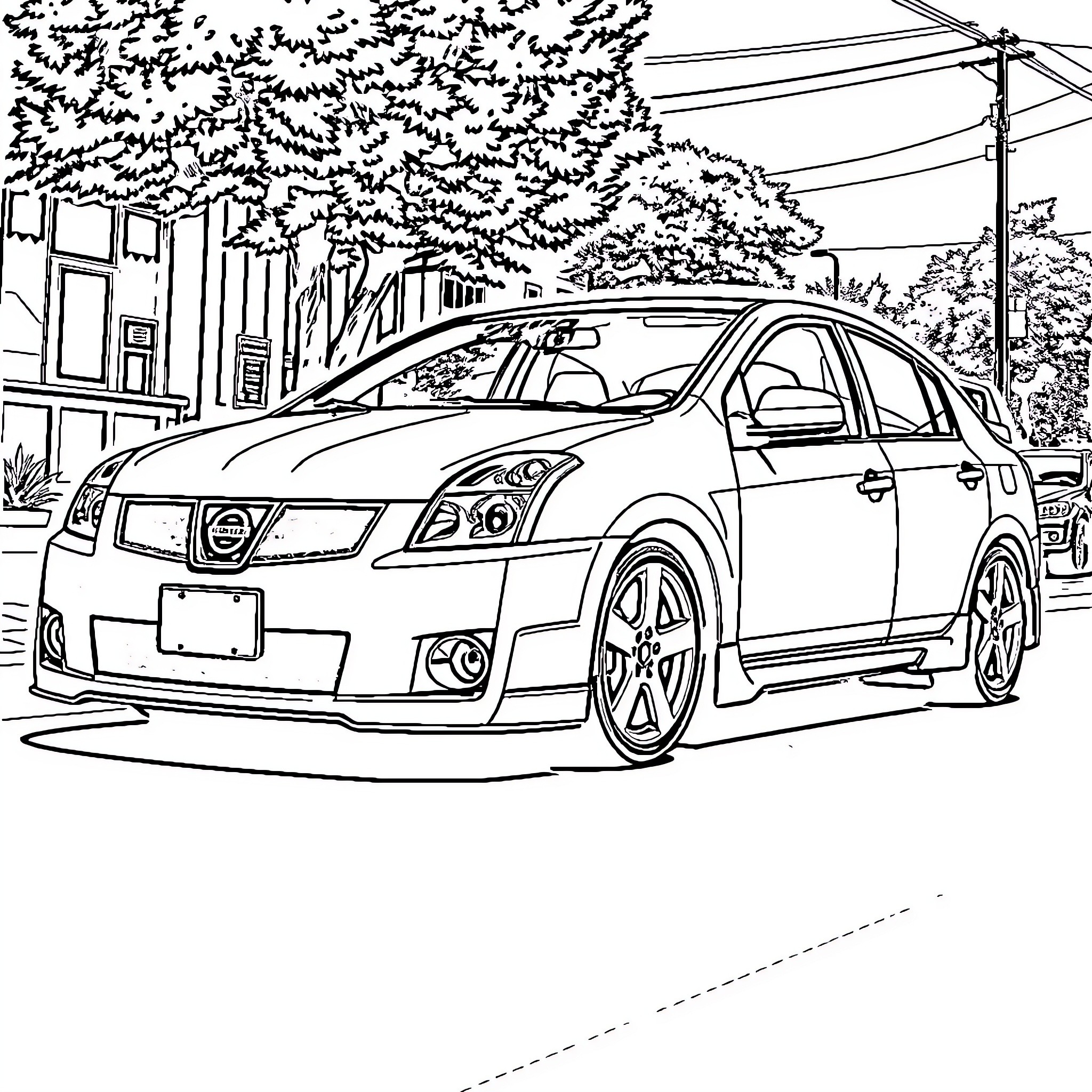 Sentra vehicle on urban street with trees Coloring Page (free black-and-white line drawing printable PDF for all, from beginners to advanced learners, including children, teens, adults, and seniors)