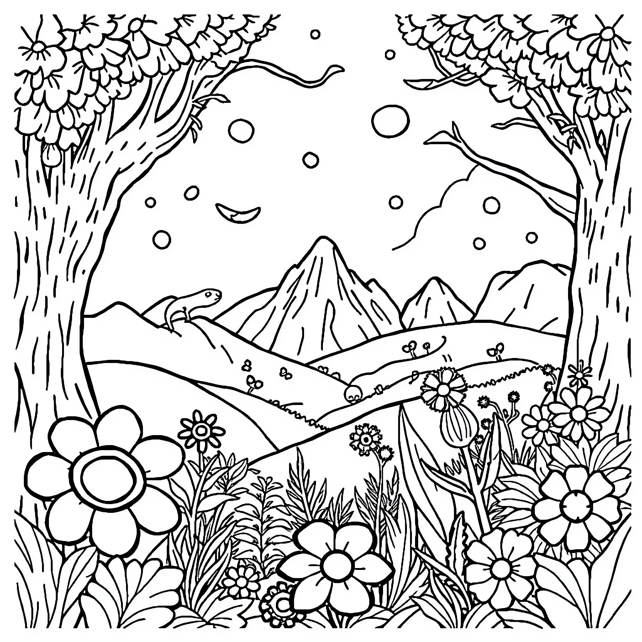 Book of Whimsical Floral Landscape Coloring Page (free black-and-white line drawing printable PDF for all, from beginners to advanced learners, including children, teens, adults, and seniors)