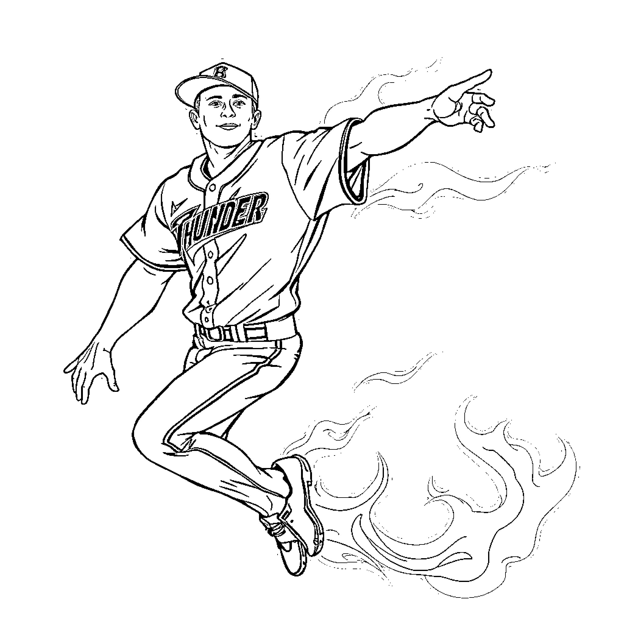 Baseball Player pitching with fiery energy Coloring Page (free black-and-white line drawing printable PDF for all, from beginners to advanced learners, including children, teens, adults, and seniors)
