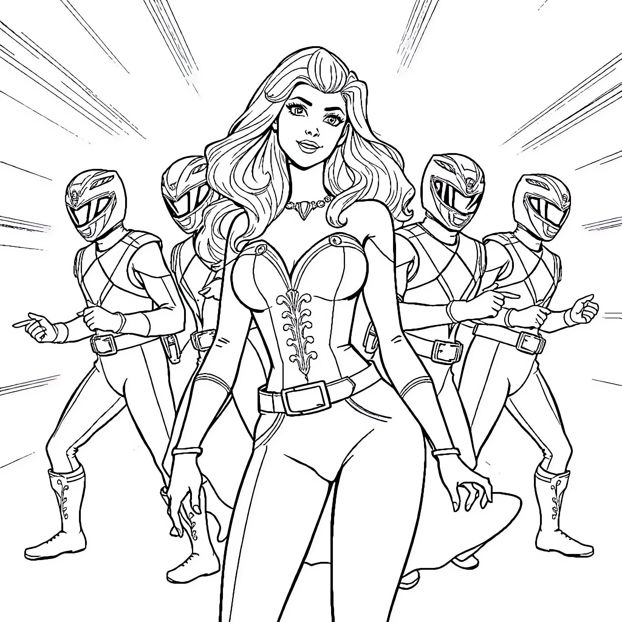 Rose and her Powerful Ranger Companions Coloring Page (free black-and-white line drawing printable PDF for all, from beginners to advanced learners, including children, teens, adults, and seniors)