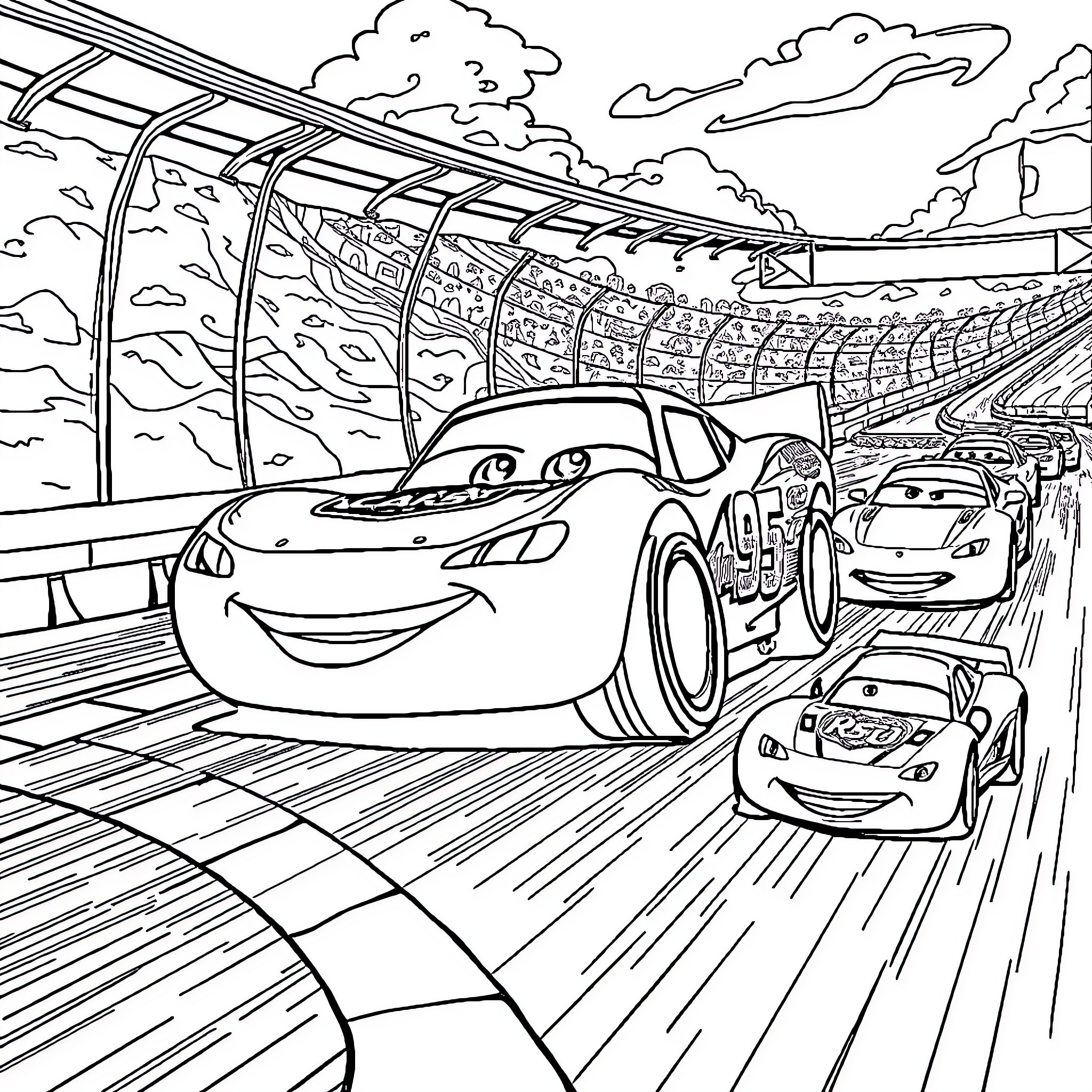 Lightning McQueen racing on the track with car friends Coloring Page (free black-and-white line drawing printable PDF for all, from beginners to advanced learners, including children, teens, adults, and seniors)