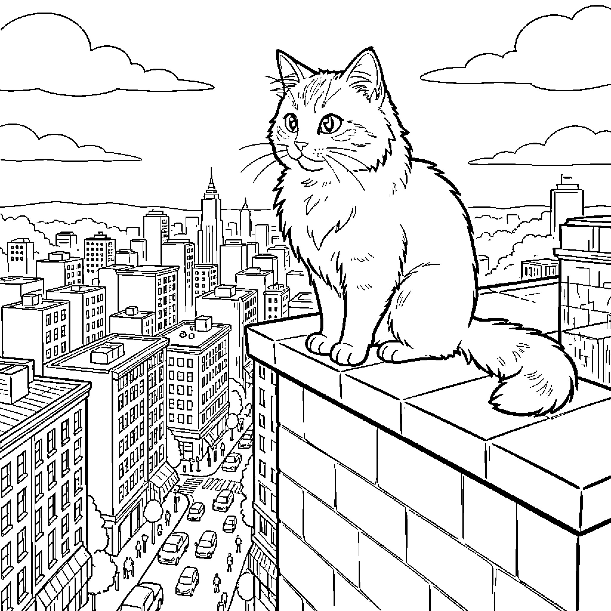 Cat enjoying the city skyline Coloring Page (free black-and-white line drawing printable PDF for all, from beginners to advanced learners, including children, teens, adults, and seniors)