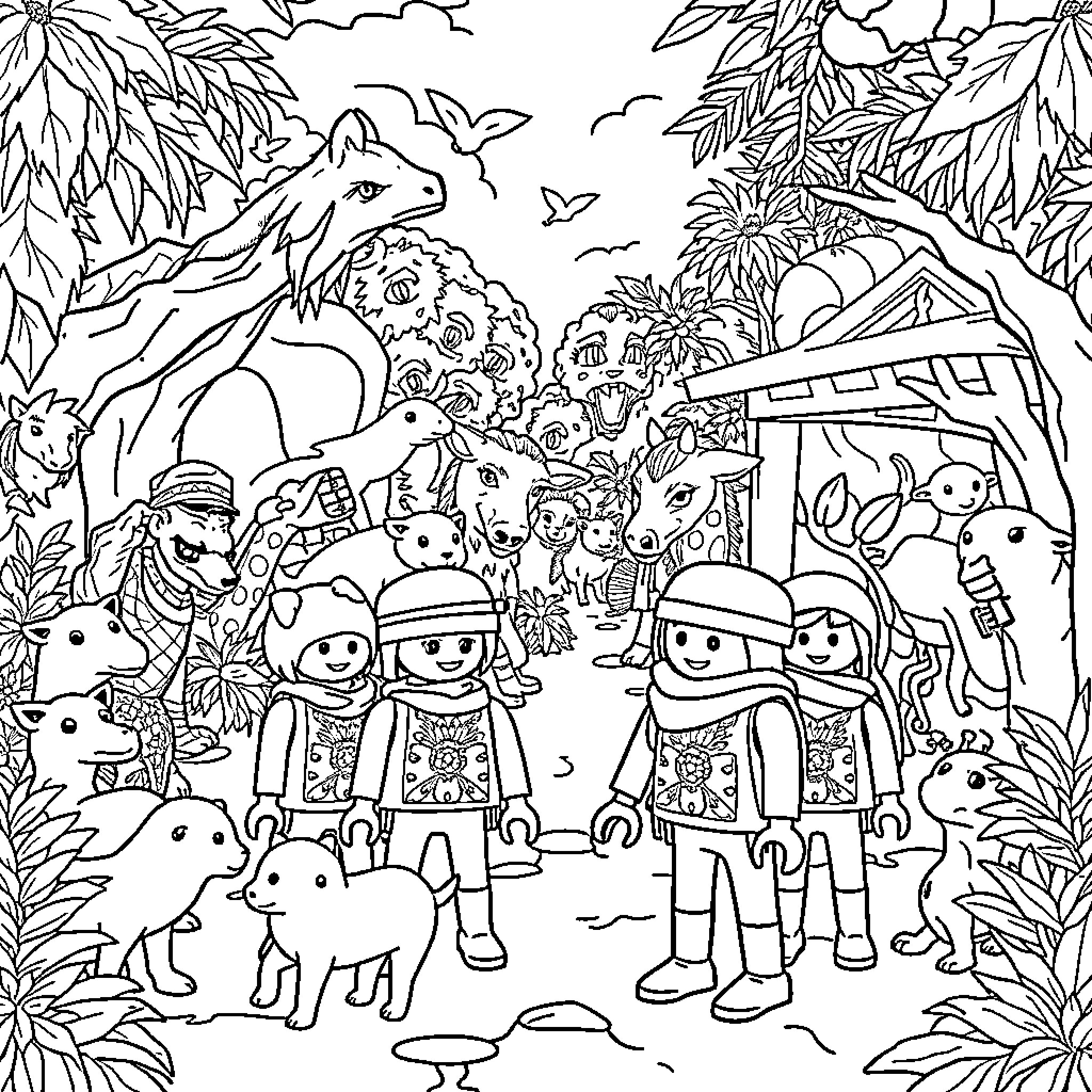 Playmobil characters exploring the jungle Coloring Page (free black-and-white line drawing printable PDF for all, from beginners to advanced learners, including children, teens, adults, and seniors)