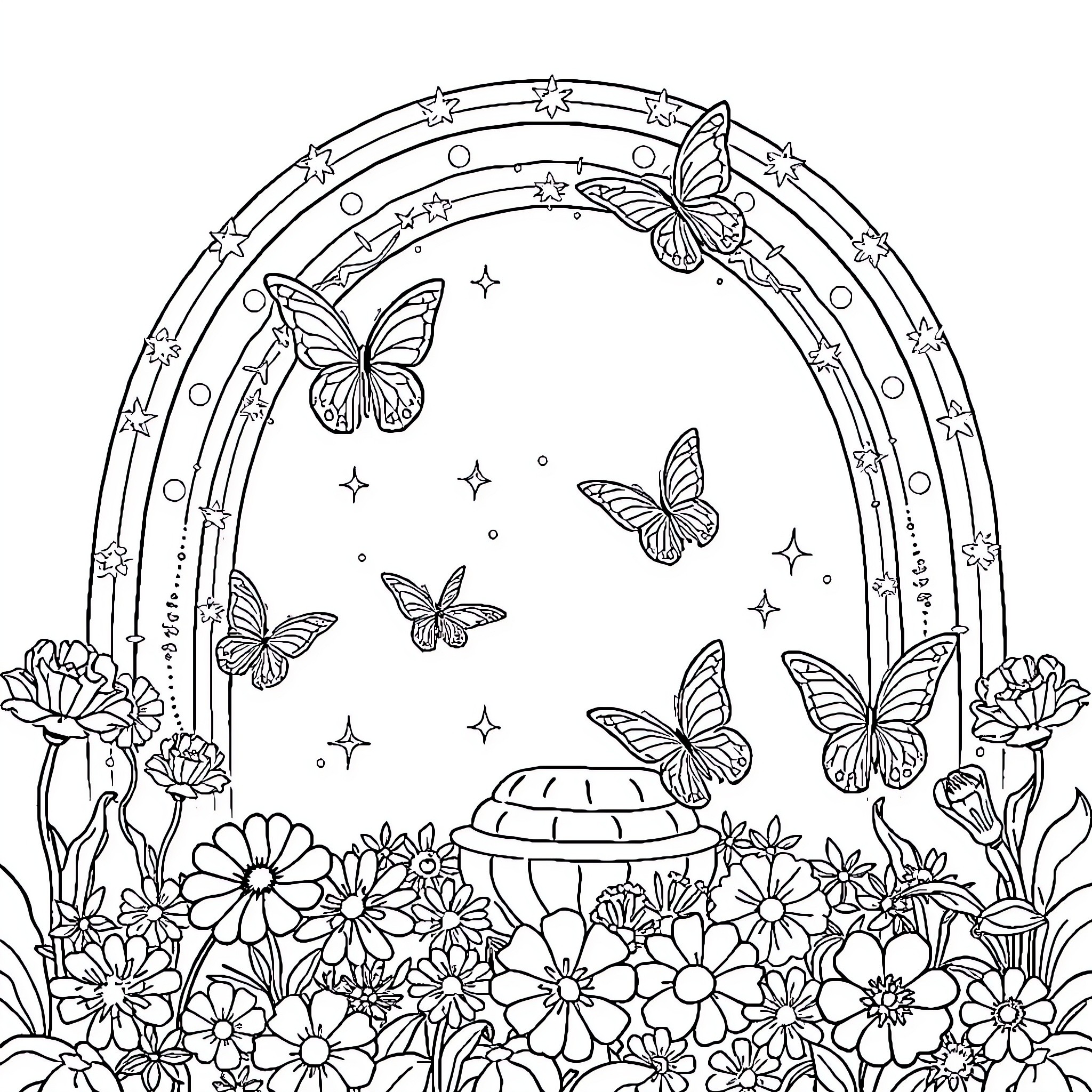 Unicorn Butterflies in Enchanted Floral Garden Coloring Page (free black-and-white line drawing printable PDF for all, from beginners to advanced learners, including children, teens, adults, and seniors)