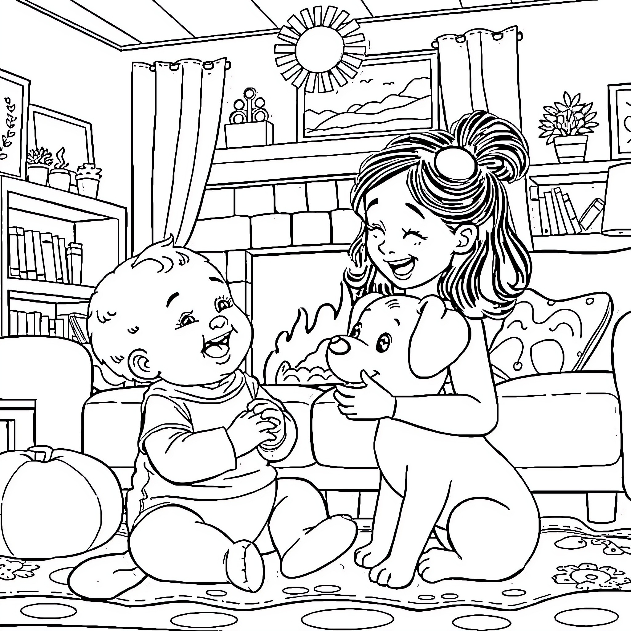 Baby Saja Playing with Pets in Cozy Home Coloring Page (free black-and-white line drawing printable PDF for all, from beginners to advanced learners, including children, teens, adults, and seniors)