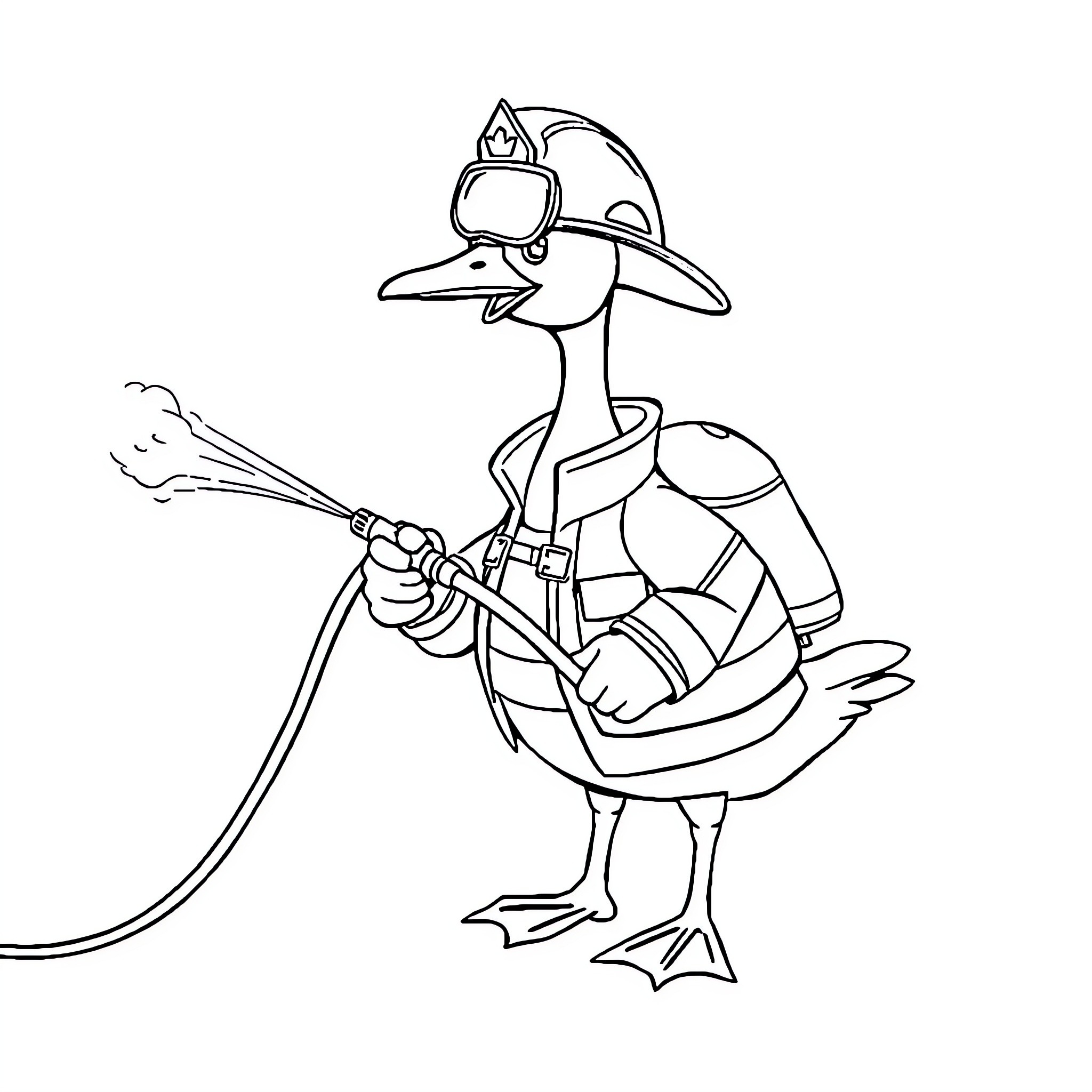 Goose firefighter extinguishing a fire Coloring Page (free black-and-white line drawing printable PDF for all, from beginners to advanced learners, including children, teens, adults, and seniors)