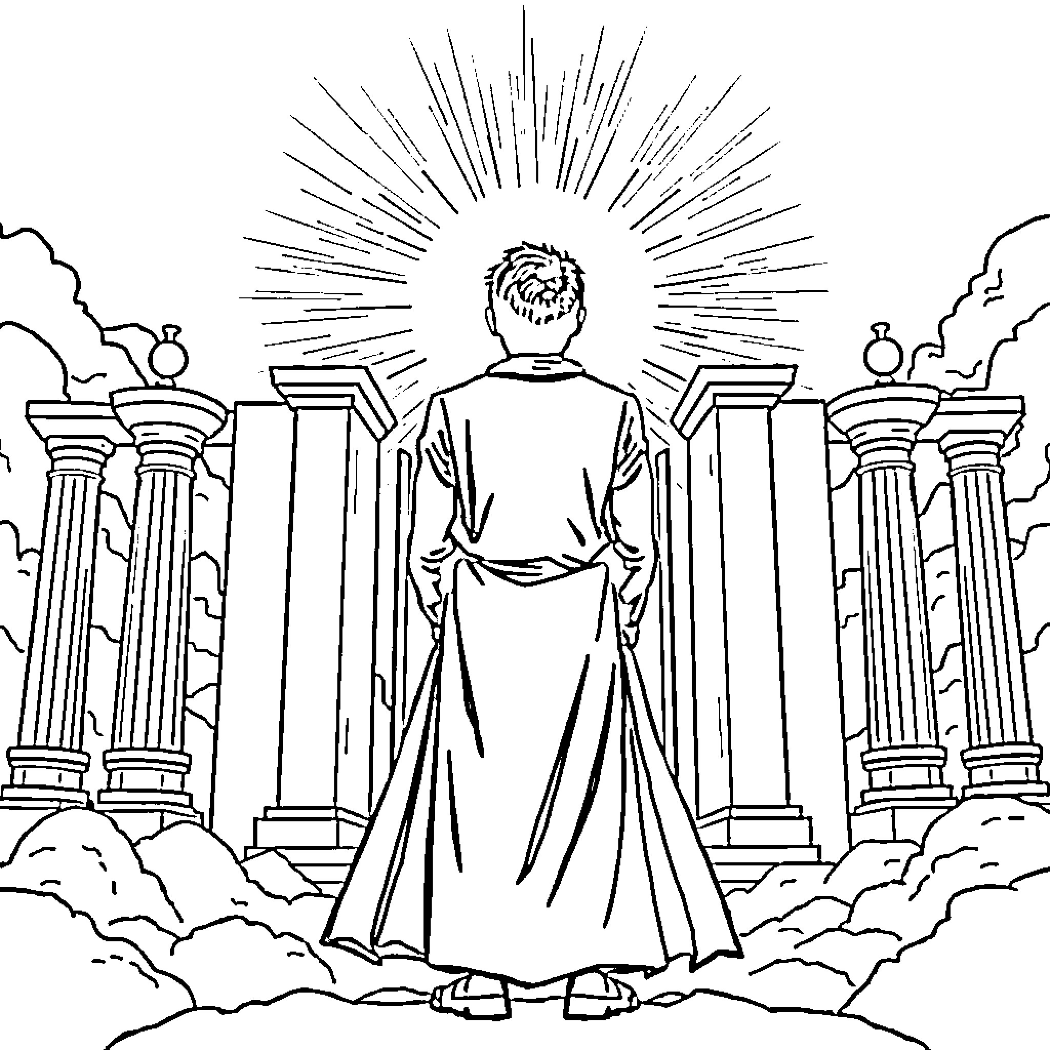 Charlie Kirk stands amidst ancient columns and clouds Coloring Page (free black-and-white line drawing printable PDF for all, from beginners to advanced learners, including children, teens, adults, and seniors)