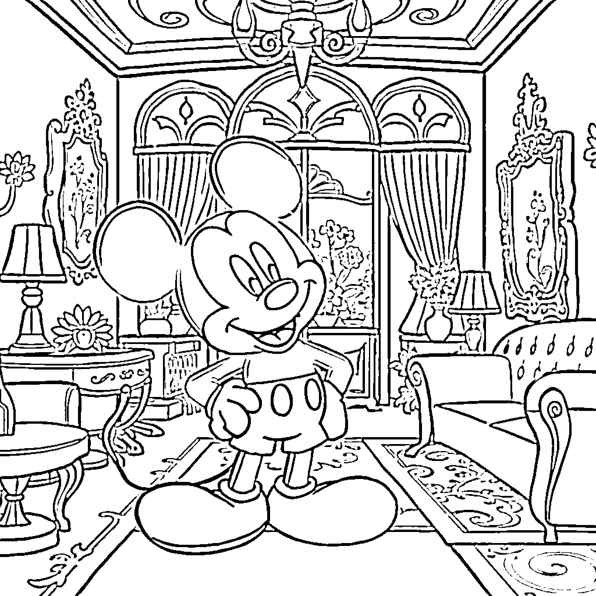 Mickey Mouse in a Luxurious Parlor Coloring Page (free black-and-white line drawing printable PDF for all, from beginners to advanced learners, including children, teens, adults, and seniors)