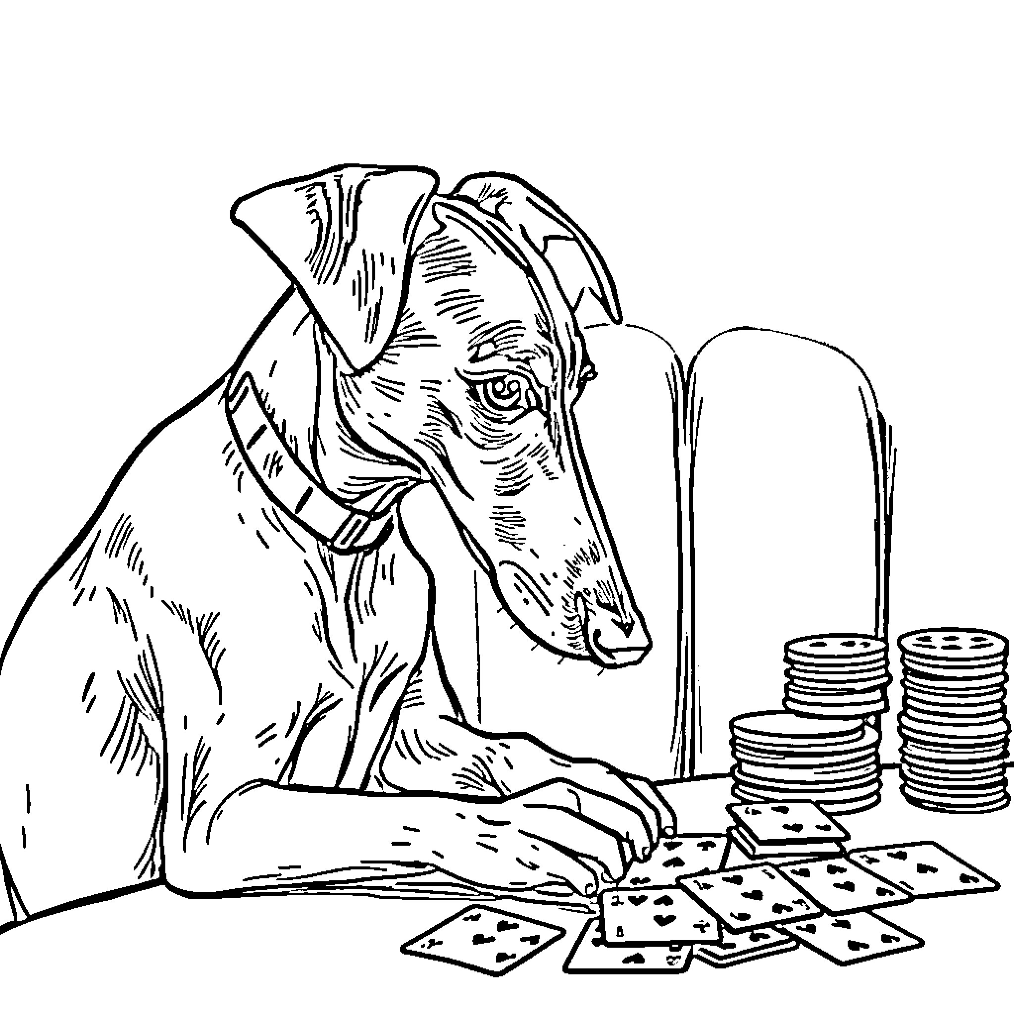 Whippet gambling with playing cards and stacks of coins Coloring Page (free black-and-white line drawing printable PDF for all, from beginners to advanced learners, including children, teens, adults, and seniors)