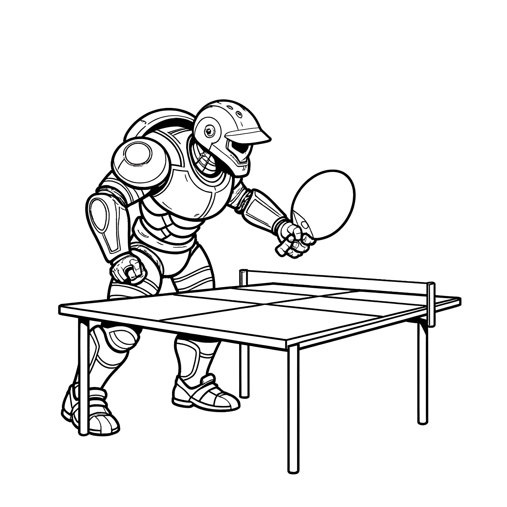 Power Armor Robot Playing Table Tennis Coloring Page (free black-and-white line drawing printable PDF for all, from beginners to advanced learners, including children, teens, adults, and seniors)