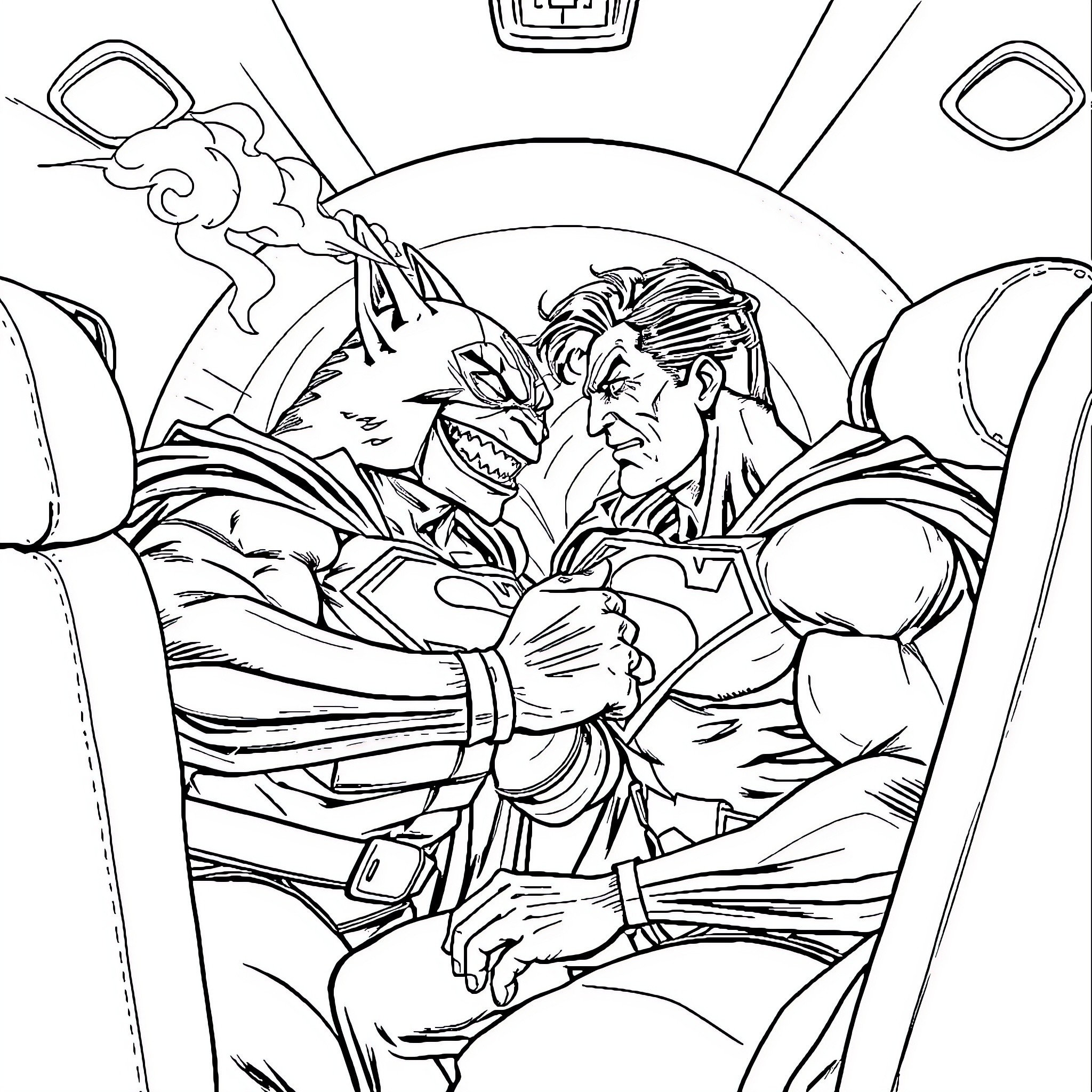 Guason in an intense confrontation with his nemesis Coloring Page (free black-and-white line drawing printable PDF for all, from beginners to advanced learners, including children, teens, adults, and seniors)