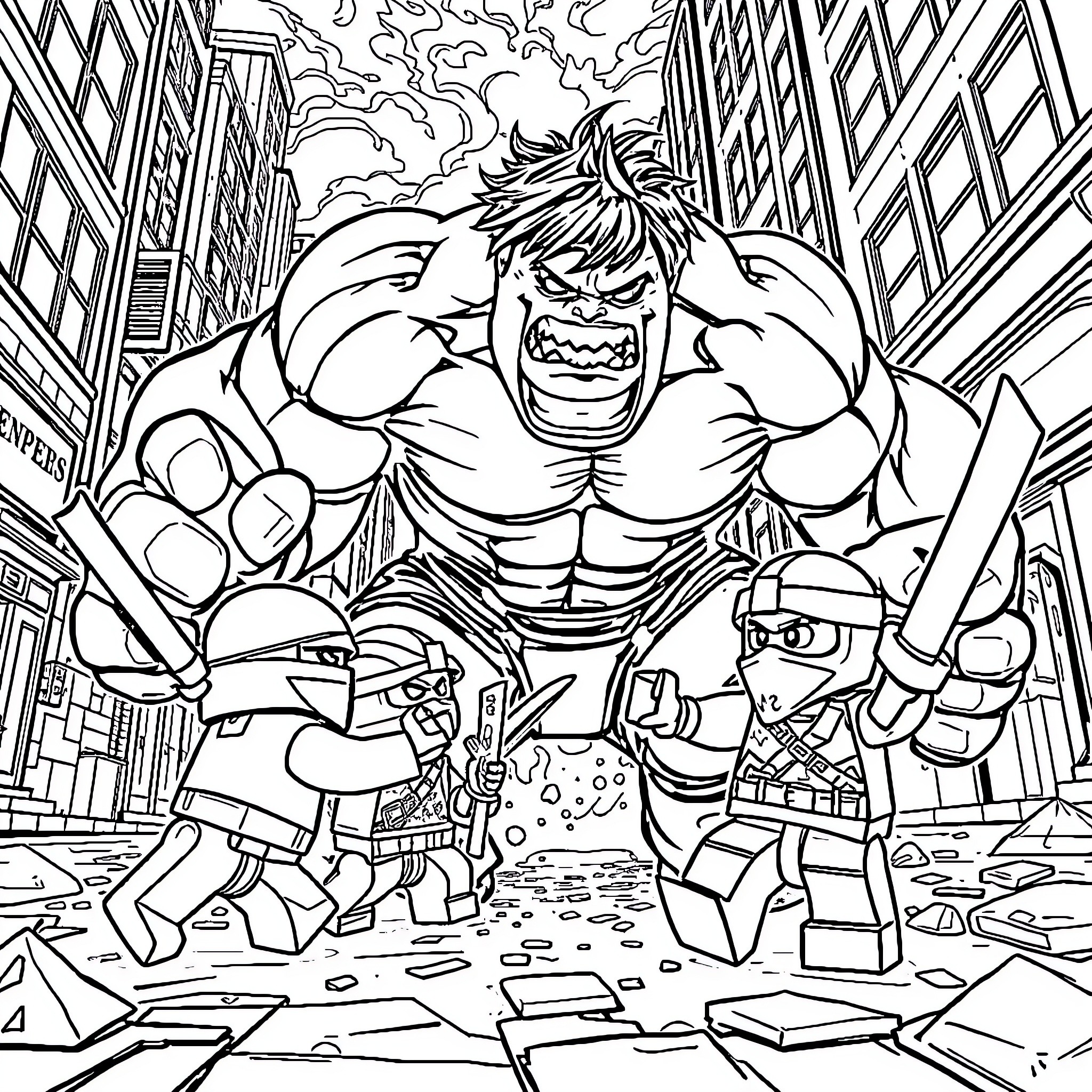 Ninjago Heroes Confront Hulk-like Villain in Urban Chaos Coloring Page (free black-and-white line drawing printable PDF for all, from beginners to advanced learners, including children, teens, adults, and seniors)
