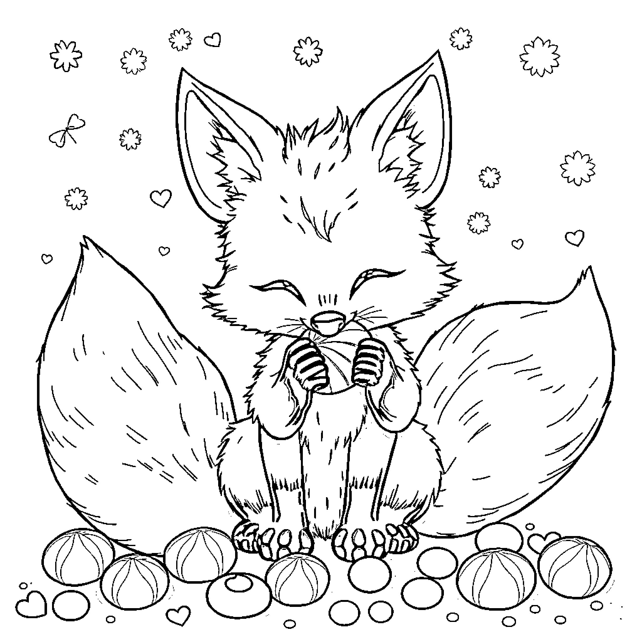 Fox Enjoying a Cozy Nest with Flowers Coloring Page (free black-and-white line drawing printable PDF for all, from beginners to advanced learners, including children, teens, adults, and seniors)