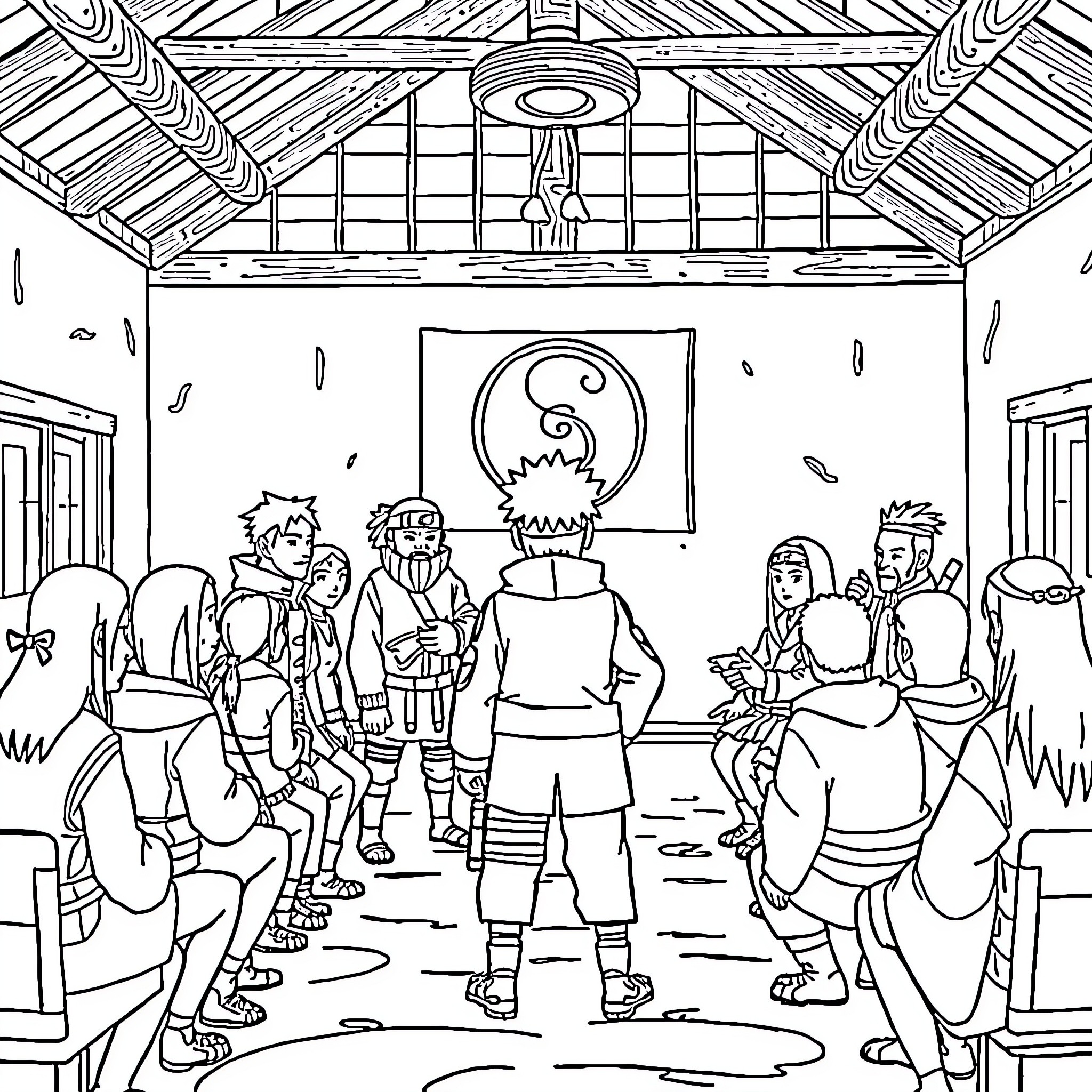 Naruto characters gathering in a traditional building Coloring Page (free black-and-white line drawing printable PDF for all, from beginners to advanced learners, including children, teens, adults, and seniors)