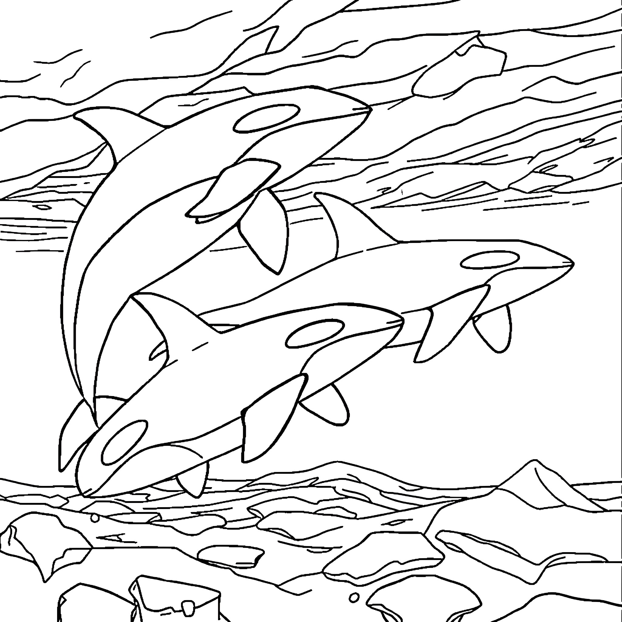 Orca family swimming in the ocean Coloring Page (free black-and-white line drawing printable PDF for all, from beginners to advanced learners, including children, teens, adults, and seniors)