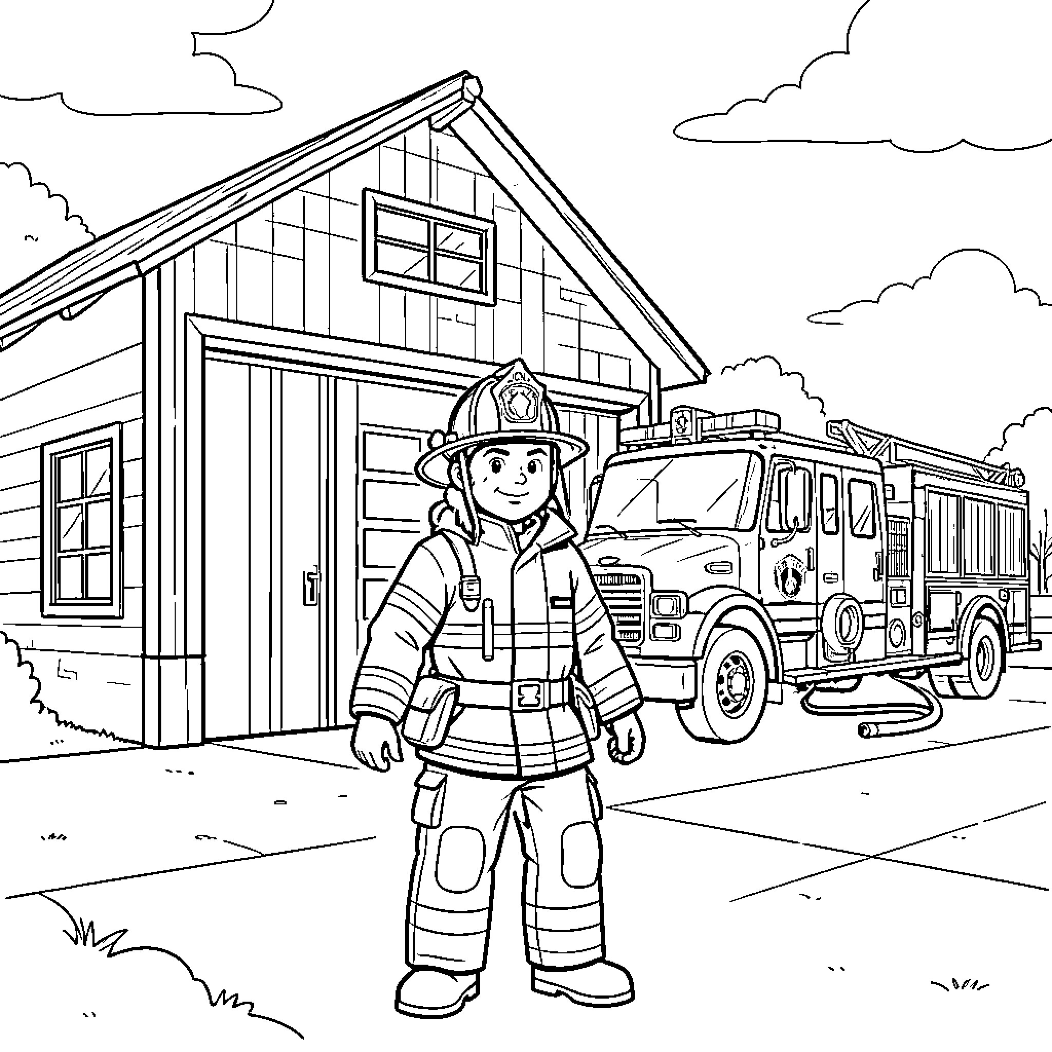 Firefighter responding to an emergency call Coloring Page (free black-and-white line drawing printable PDF for all, from beginners to advanced learners, including children, teens, adults, and seniors)