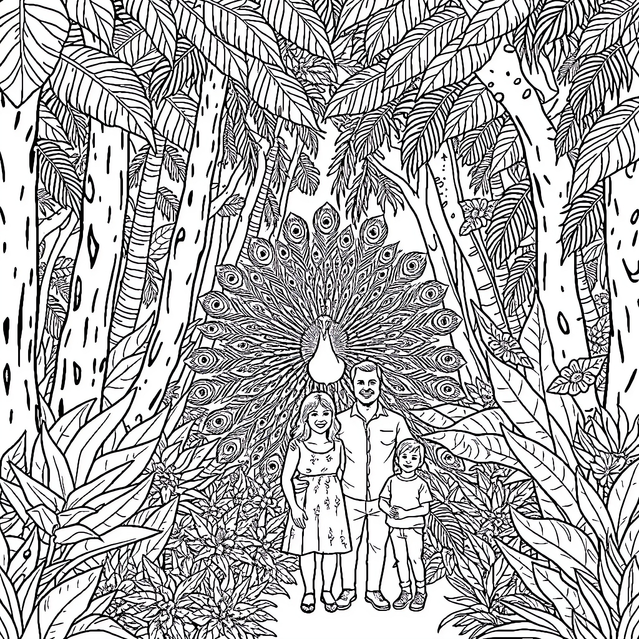 Peacock Feathers and Tropical Family Encounter Coloring Page (free black-and-white line drawing printable PDF for all, from beginners to advanced learners, including children, teens, adults, and seniors)