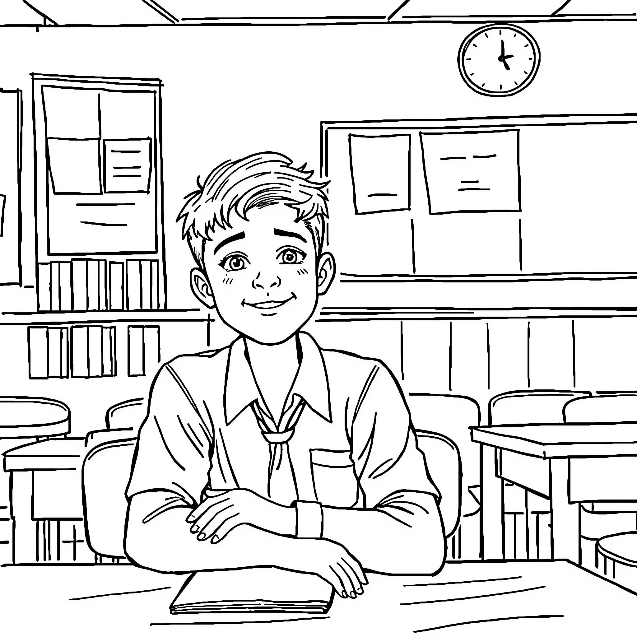 Boy studying diligently in school classroom Coloring Page (free black-and-white line drawing printable PDF for all, from beginners to advanced learners, including children, teens, adults, and seniors)