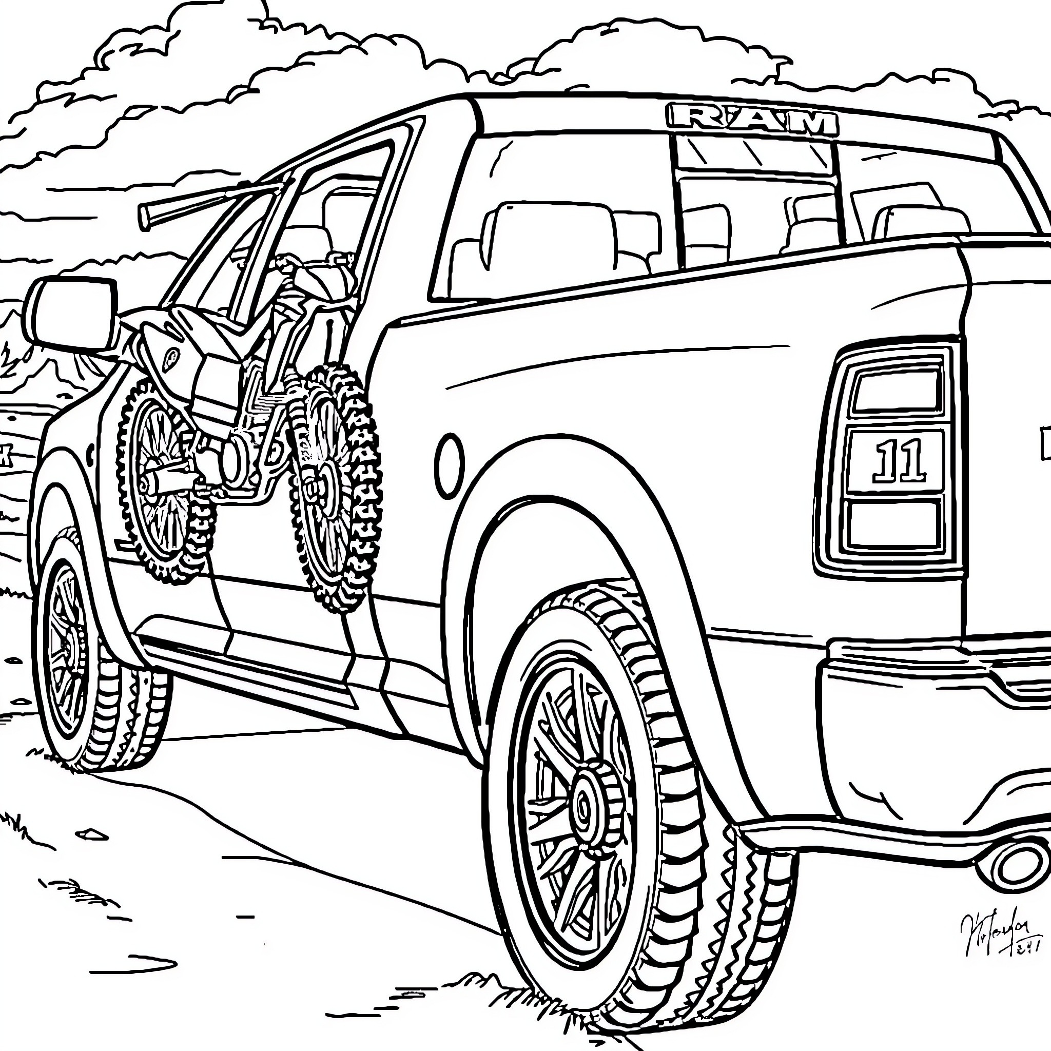 Ram Truck Parked in Rugged Outdoor Scene Coloring Page (free black-and-white line drawing printable PDF for all, from beginners to advanced learners, including children, teens, adults, and seniors)