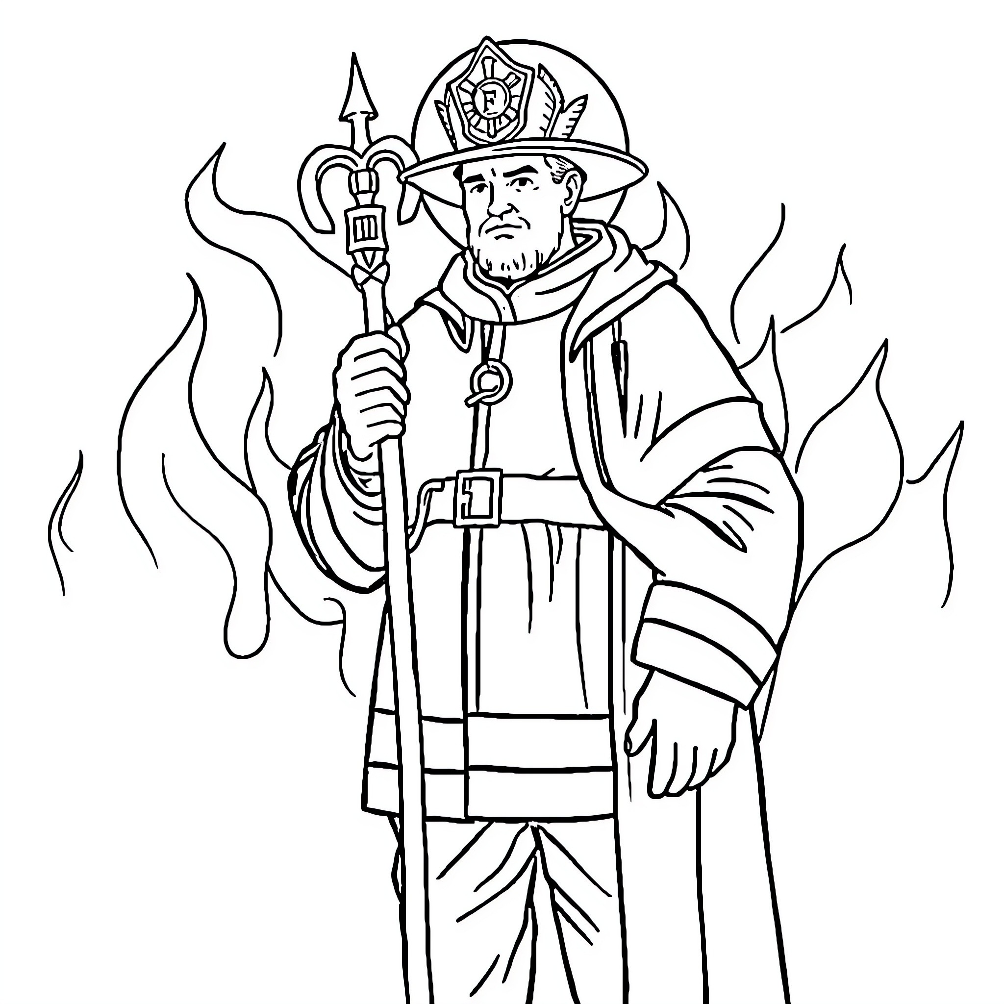 St Florian depicted as a firefighter in robes Coloring Page (free black-and-white line drawing printable PDF for all, from beginners to advanced learners, including children, teens, adults, and seniors)