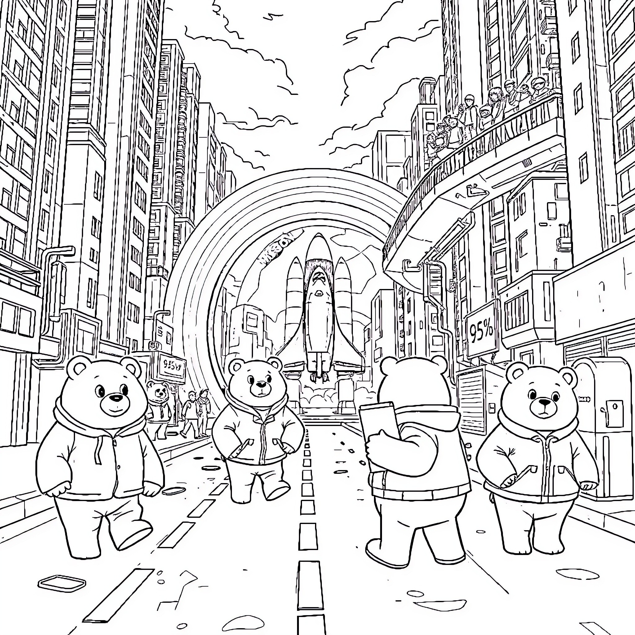 Bear Astronauts Explore Futuristic City Skyline Coloring Page (free black-and-white line drawing printable PDF for all, from beginners to advanced learners, including children, teens, adults, and seniors)