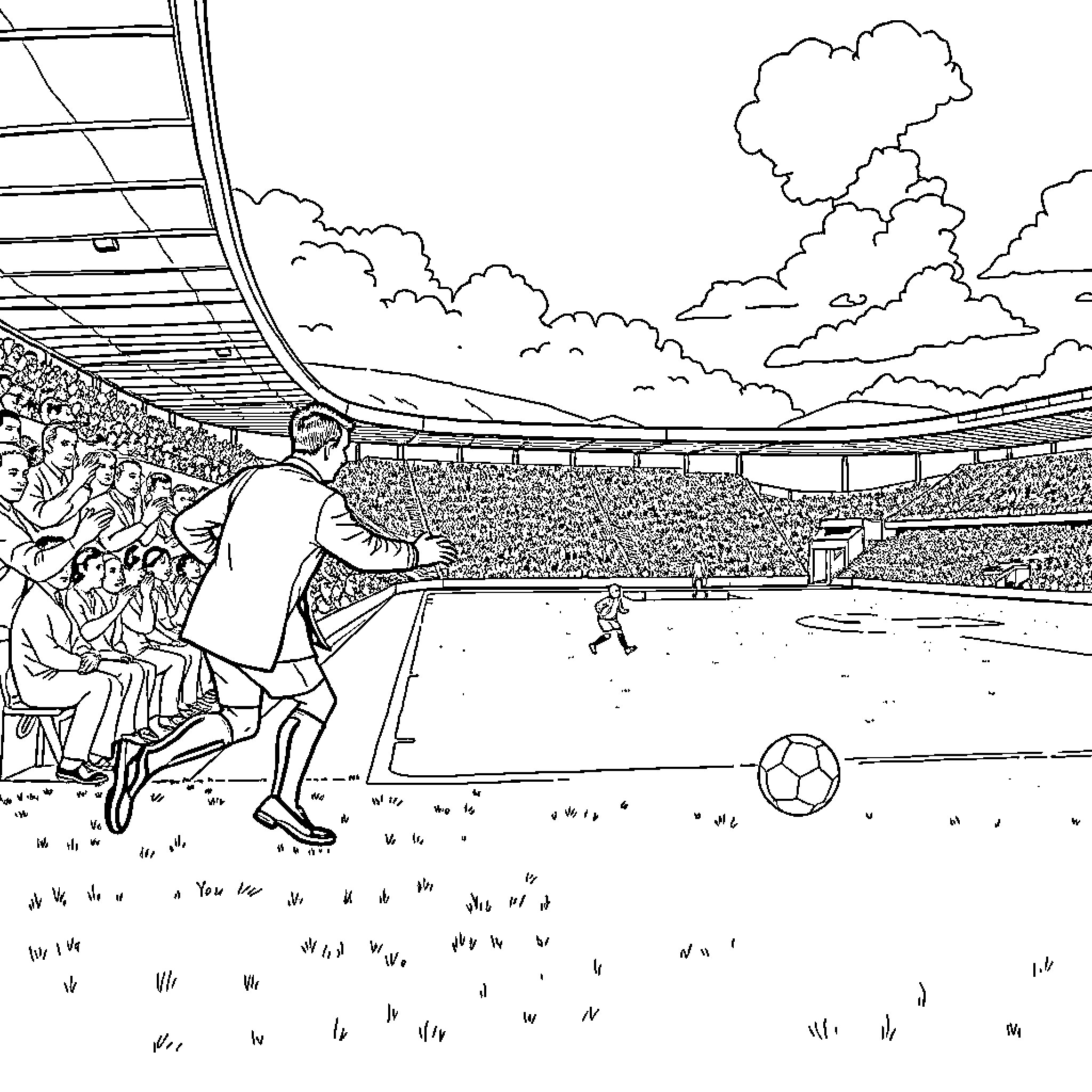 Father Ted enjoying a football match in the stadium Coloring Page (free black-and-white line drawing printable PDF for all, from beginners to advanced learners, including children, teens, adults, and seniors)