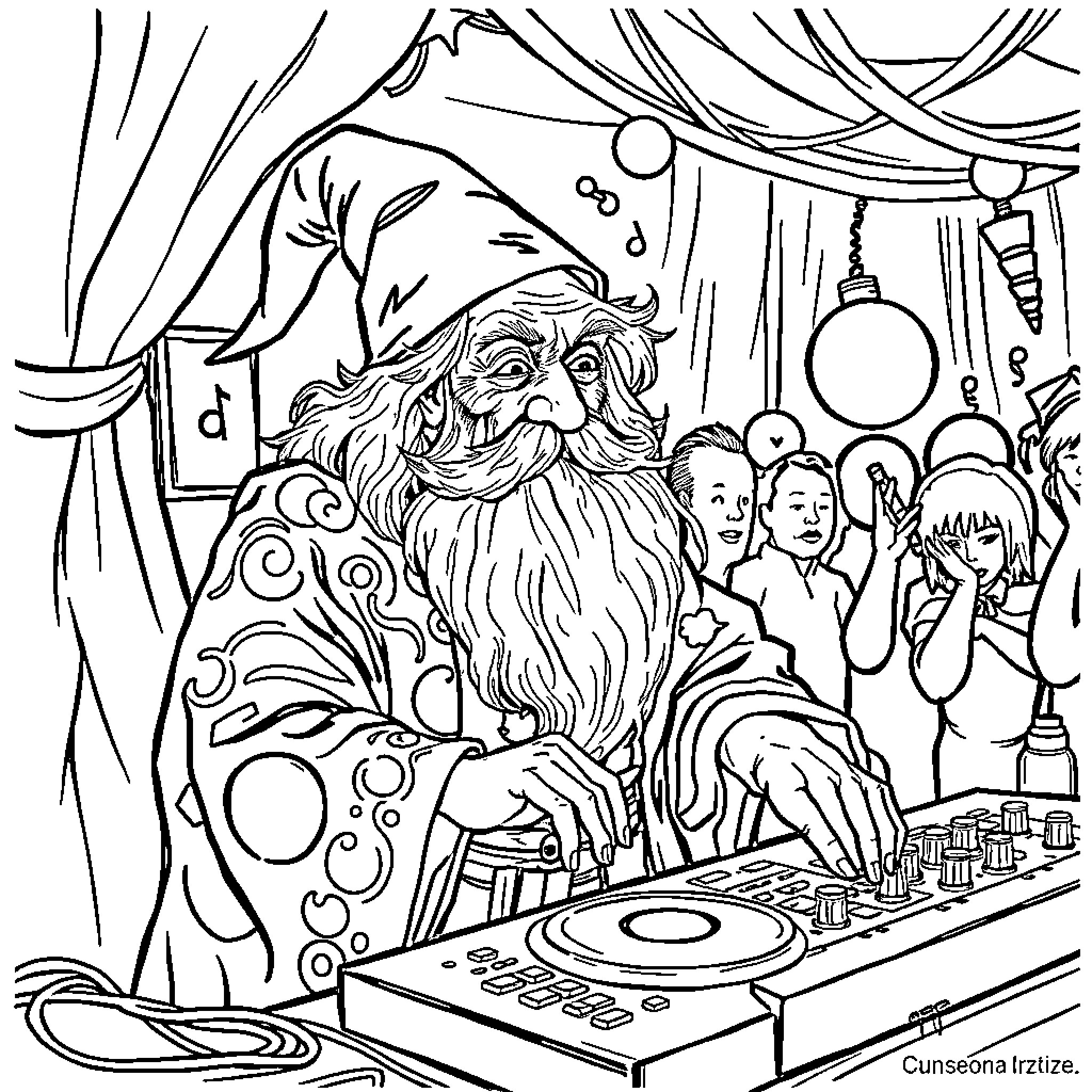 Wizard DJ entertaining the crowd with magical music Coloring Page (free black-and-white line drawing printable PDF for all, from beginners to advanced learners, including children, teens, adults, and seniors)