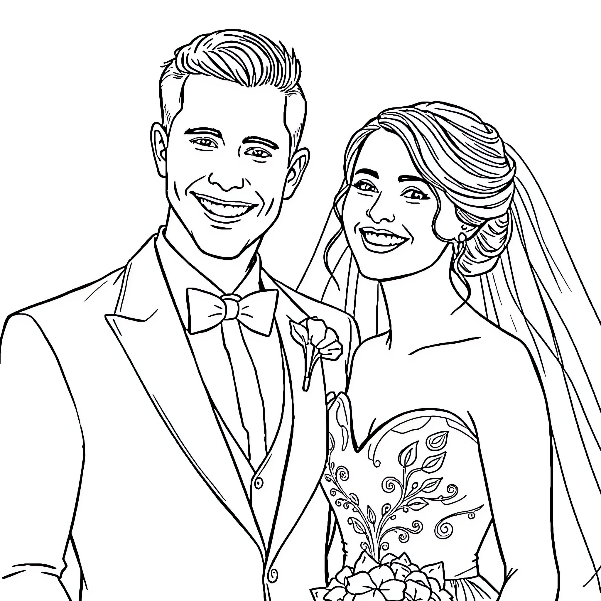 Bride and Groom Smiling Joyfully on Their Wedding Day Coloring Page (free black-and-white line drawing printable PDF for all, from beginners to advanced learners, including children, teens, adults, and seniors)