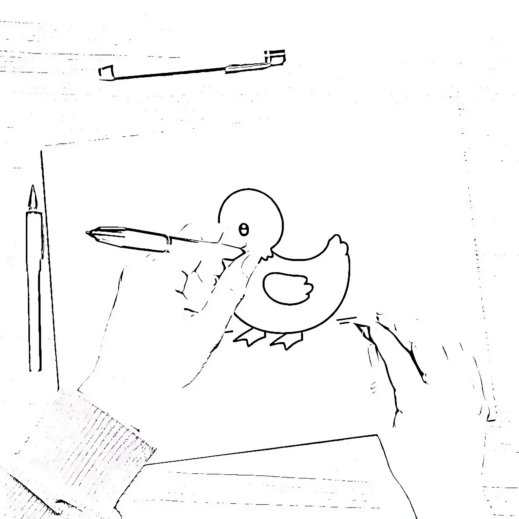 Fountain Pen Drawing a Whimsical Duck Coloring Page (free black-and-white line drawing printable PDF for all, from beginners to advanced learners, including children, teens, adults, and seniors)