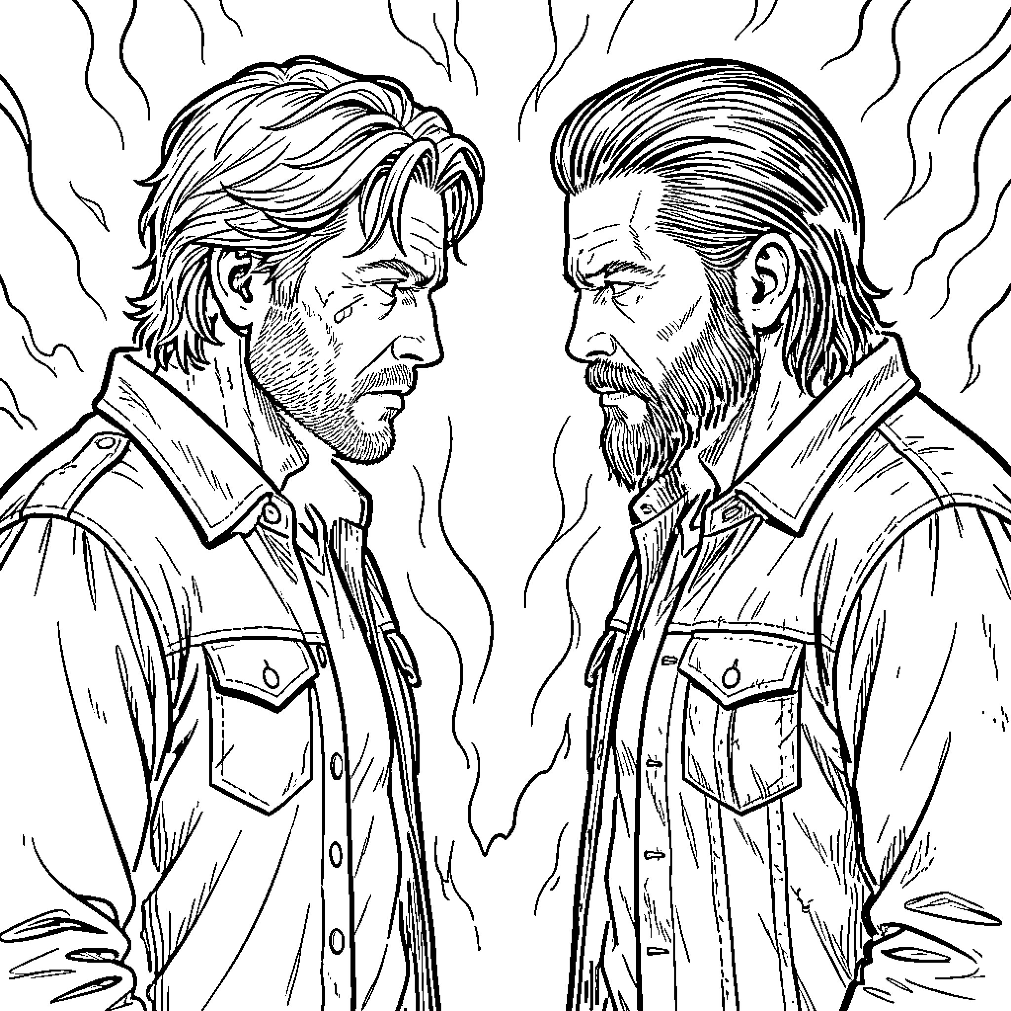 Rick Grimes staring intensely at another man Coloring Page (free black-and-white line drawing printable PDF for all, from beginners to advanced learners, including children, teens, adults, and seniors)