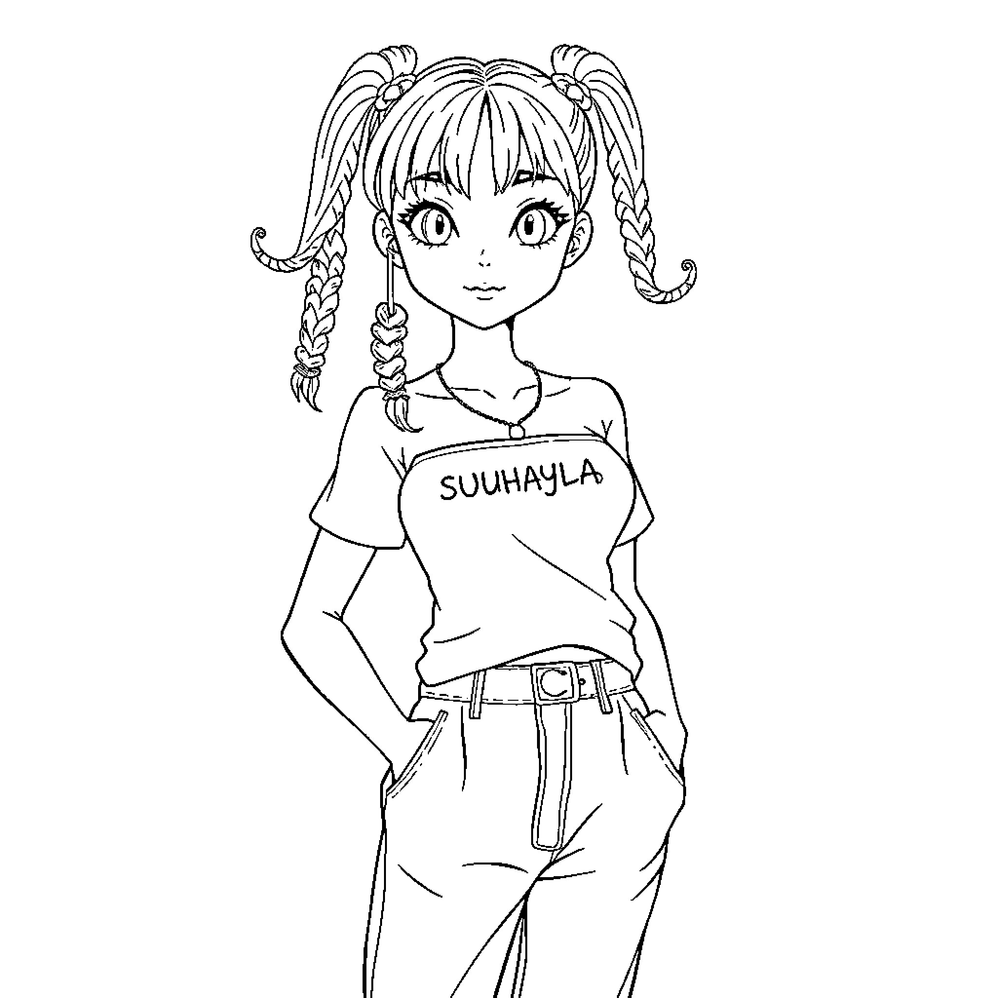 Fille with braids expressing herself in casual outfit Coloring Page (free black-and-white line drawing printable PDF for all, from beginners to advanced learners, including children, teens, adults, and seniors)