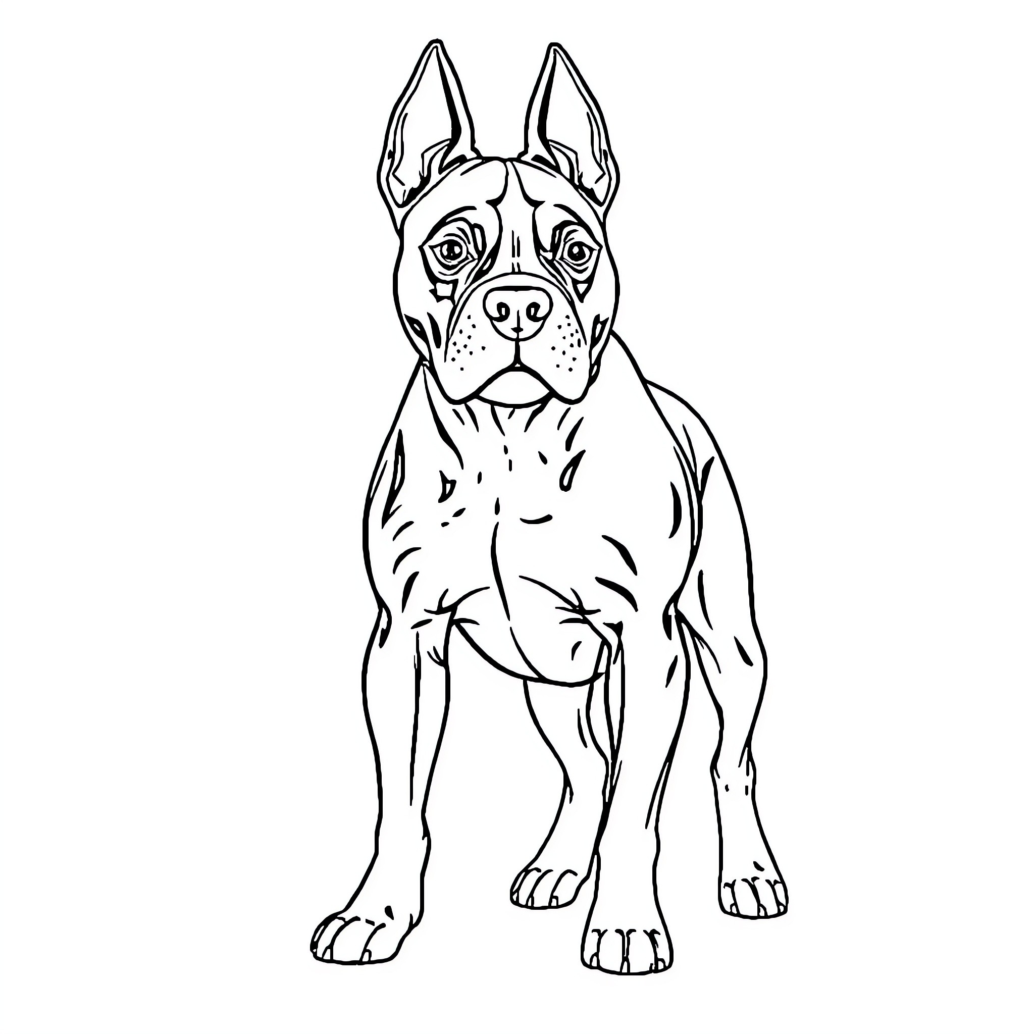 American Staffordshire Terrier standing alert Coloring Page (free black-and-white line drawing printable PDF for all, from beginners to advanced learners, including children, teens, adults, and seniors)