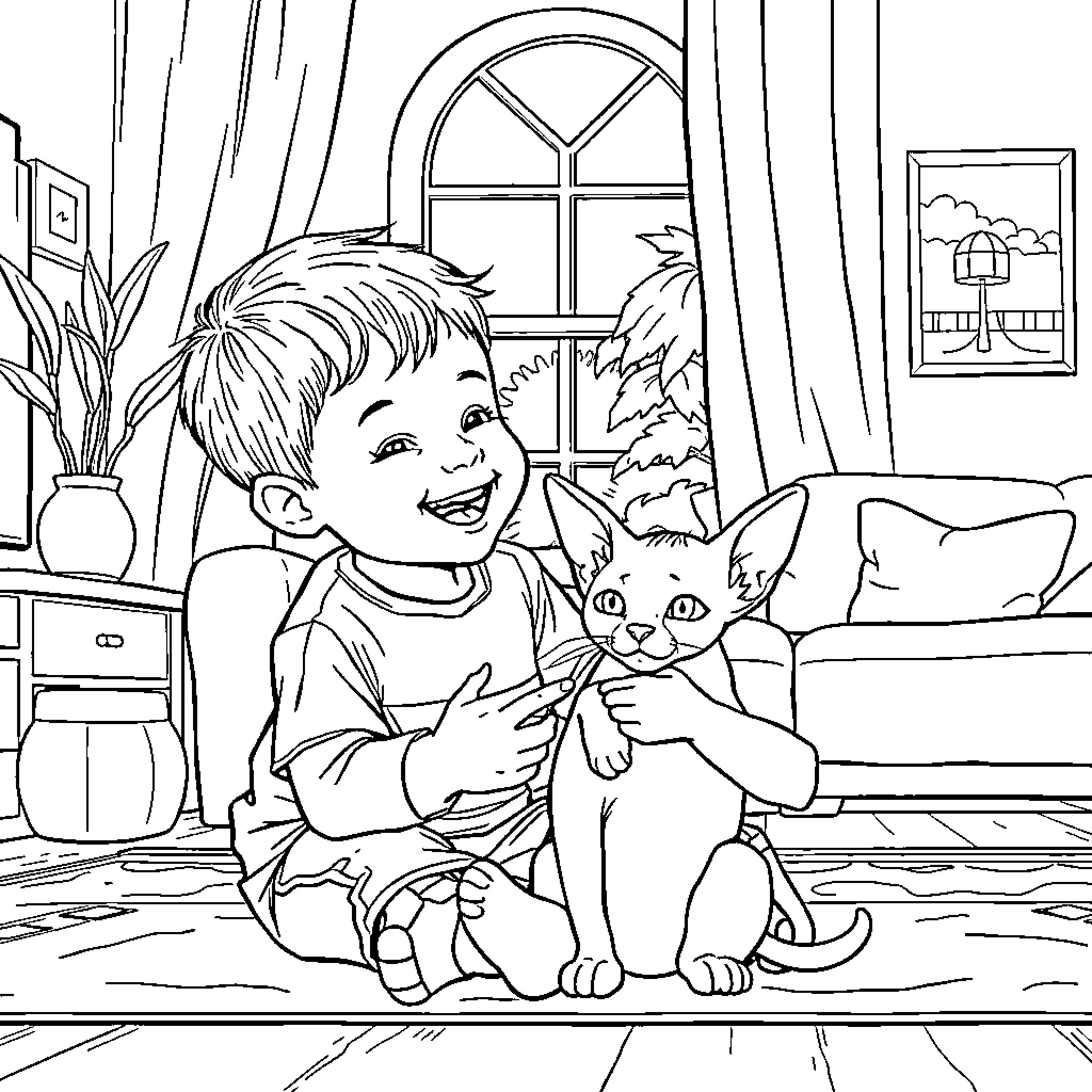 Boy playing joyfully with his pet cat Coloring Page (free black-and-white line drawing printable PDF for all, from beginners to advanced learners, including children, teens, adults, and seniors)