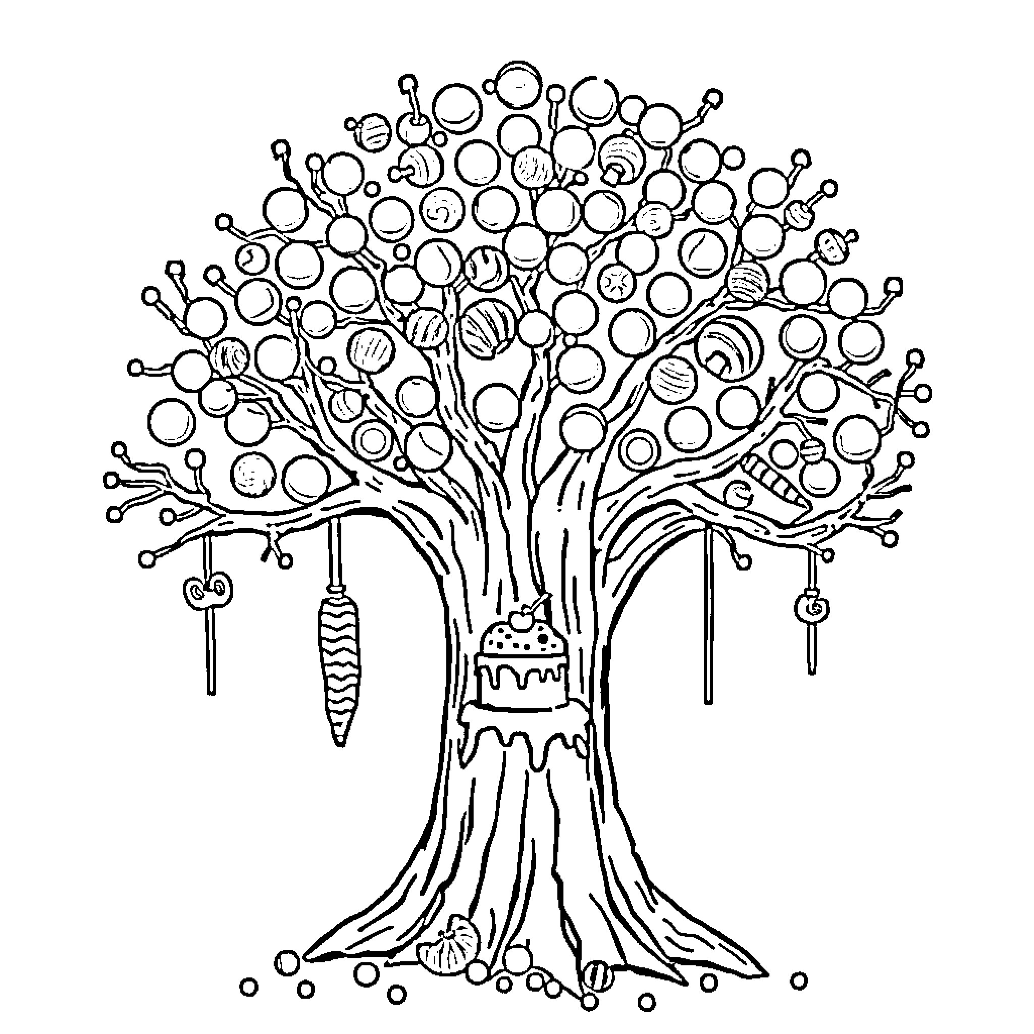 Tree with abstract ornaments and decorations Coloring Page (free black-and-white line drawing printable PDF for all, from beginners to advanced learners, including children, teens, adults, and seniors)