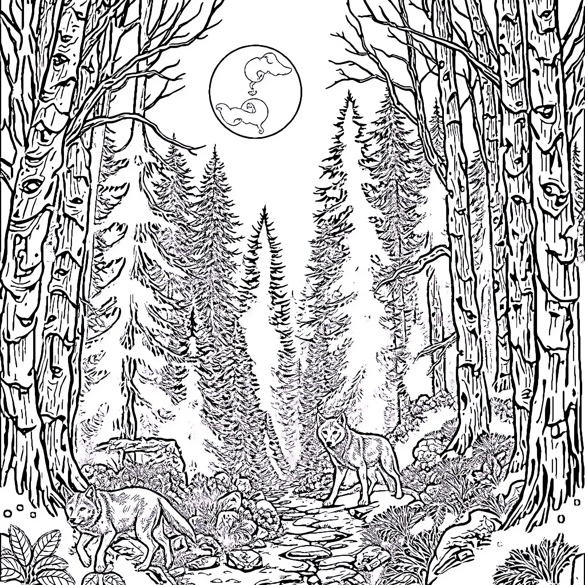 Werewolf howling in the enchanted forest Coloring Page (free black-and-white line drawing printable PDF for all, from beginners to advanced learners, including children, teens, adults, and seniors)