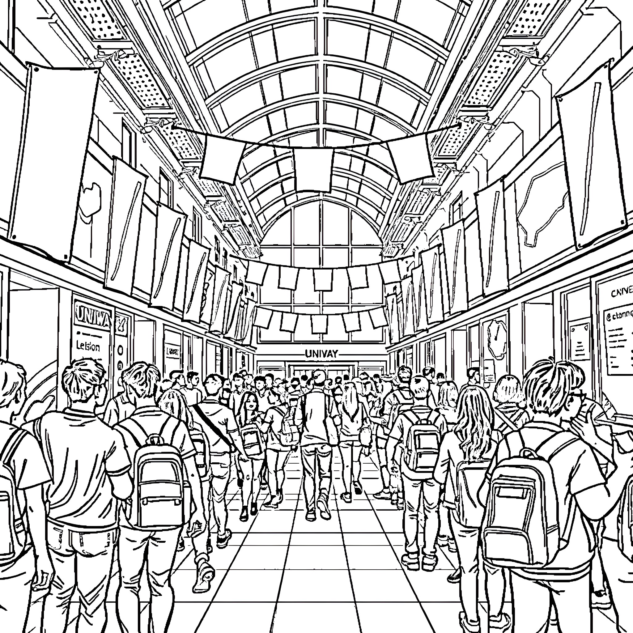 Uniway: Busy Commuters in a Transit Hub Coloring Page (free black-and-white line drawing printable PDF for all, from beginners to advanced learners, including children, teens, adults, and seniors)