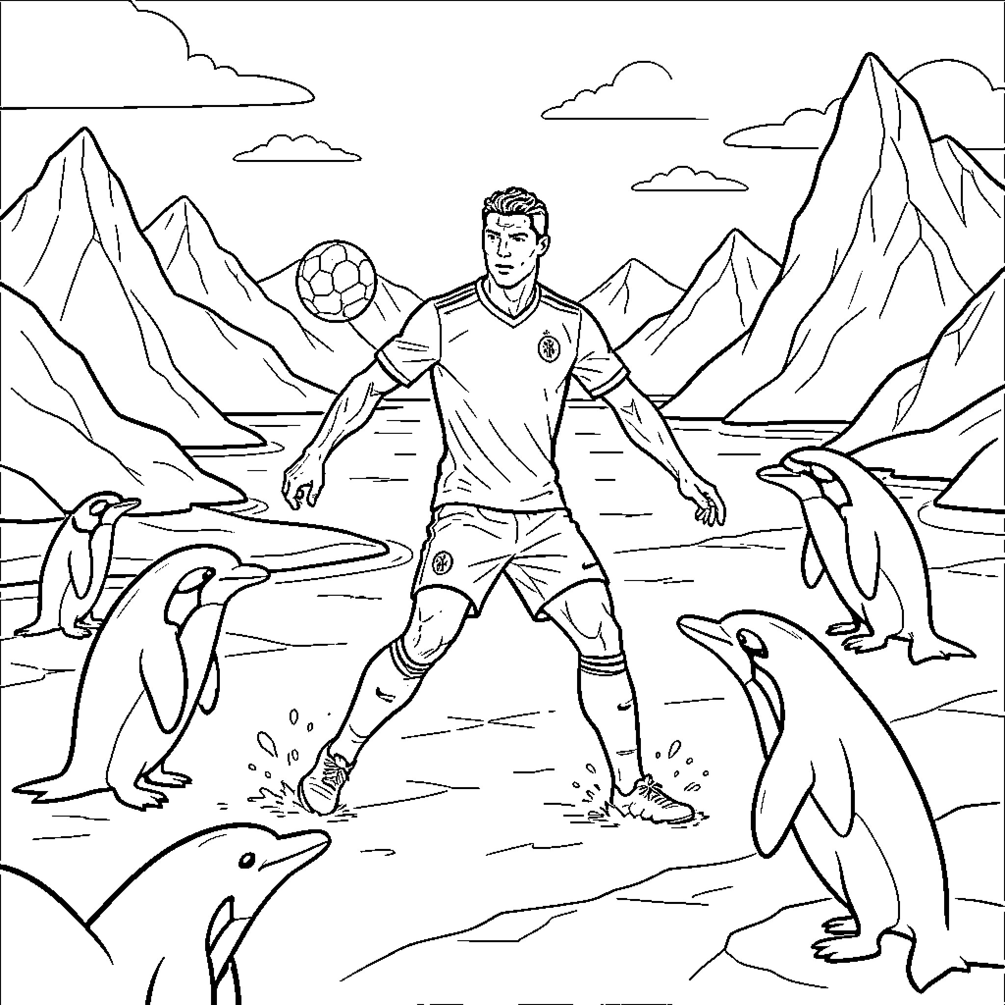 Ronaldo playing soccer with penguins in a snowy landscape Coloring Page (free black-and-white line drawing printable PDF for all, from beginners to advanced learners, including children, teens, adults, and seniors)