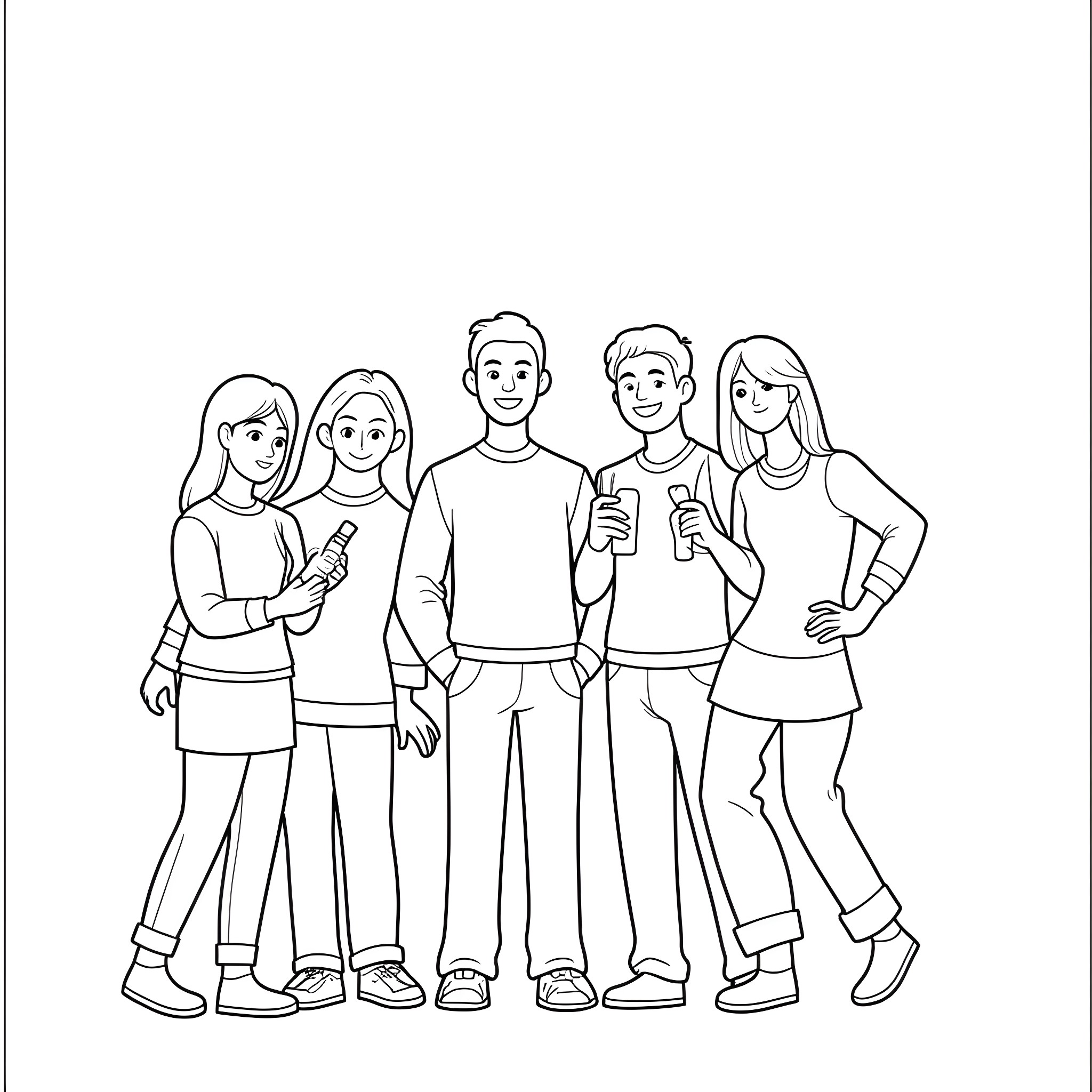 Marker Group Portrait of Friends Hanging Out Coloring Page (free black-and-white line drawing printable PDF for all, from beginners to advanced learners, including children, teens, adults, and seniors)