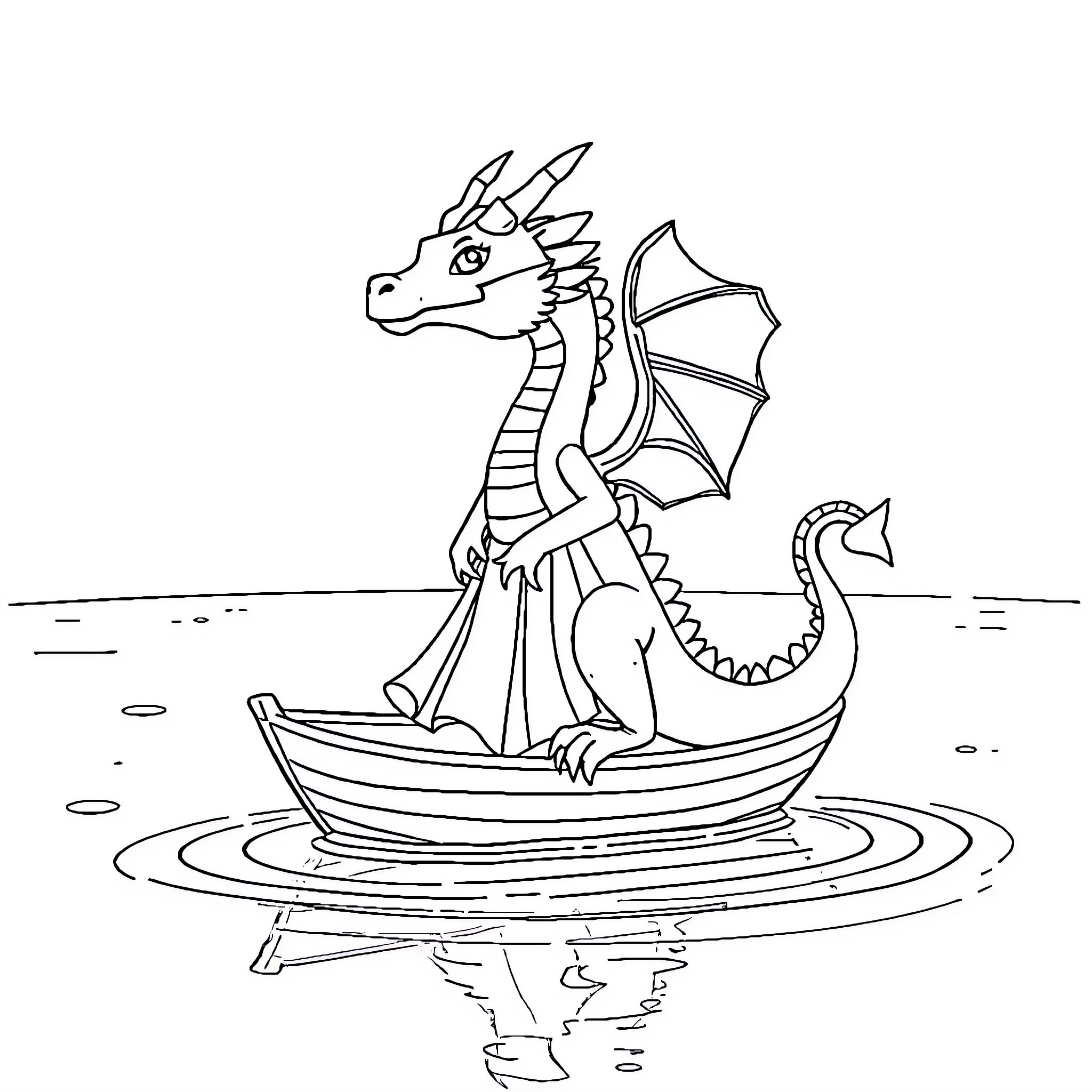 Dragon sailing in a boat on the water Coloring Page (free black-and-white line drawing printable PDF for all, from beginners to advanced learners, including children, teens, adults, and seniors)