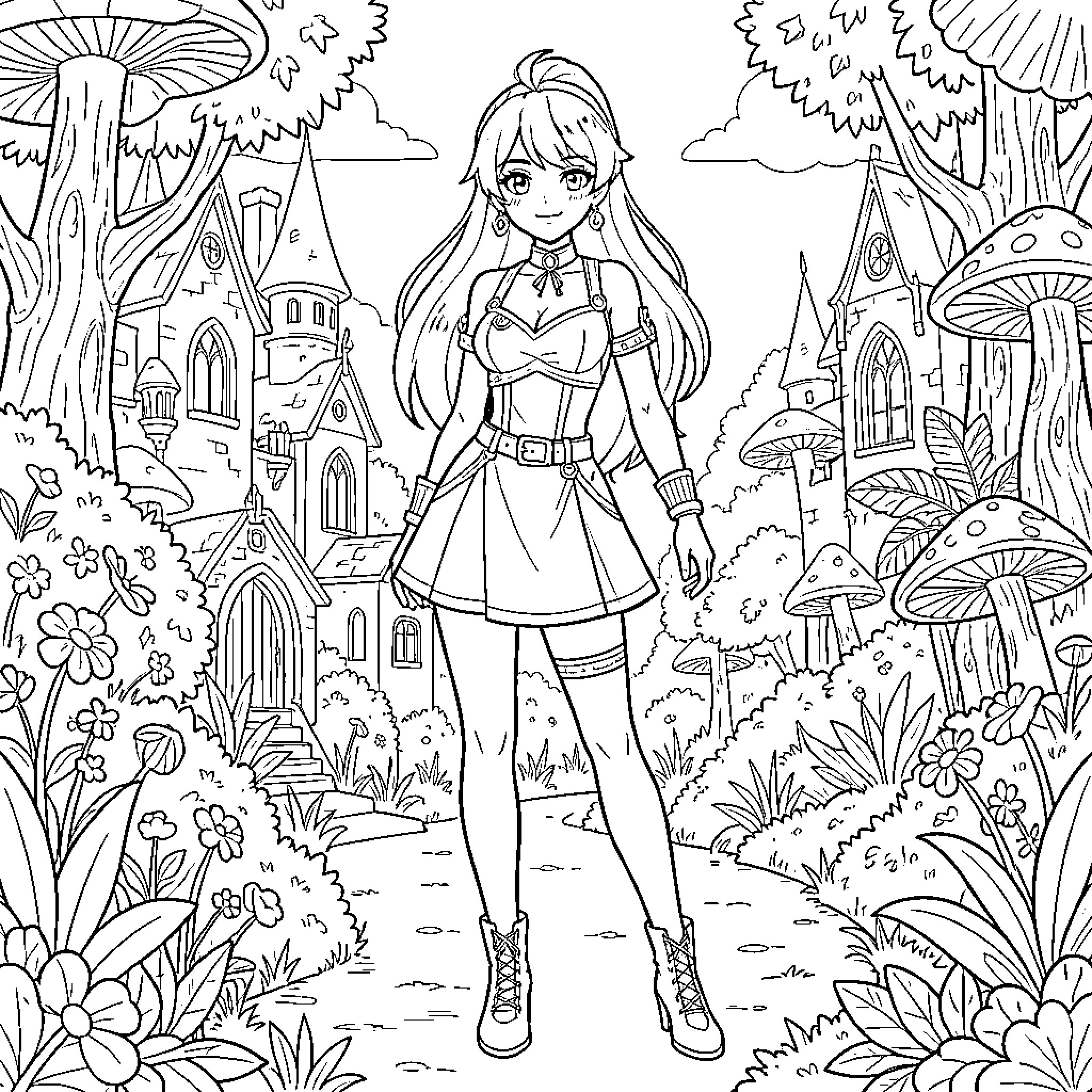 Anime Woman in a Fantastical Landscape Coloring Page (free black-and-white line drawing printable PDF for all, from beginners to advanced learners, including children, teens, adults, and seniors)