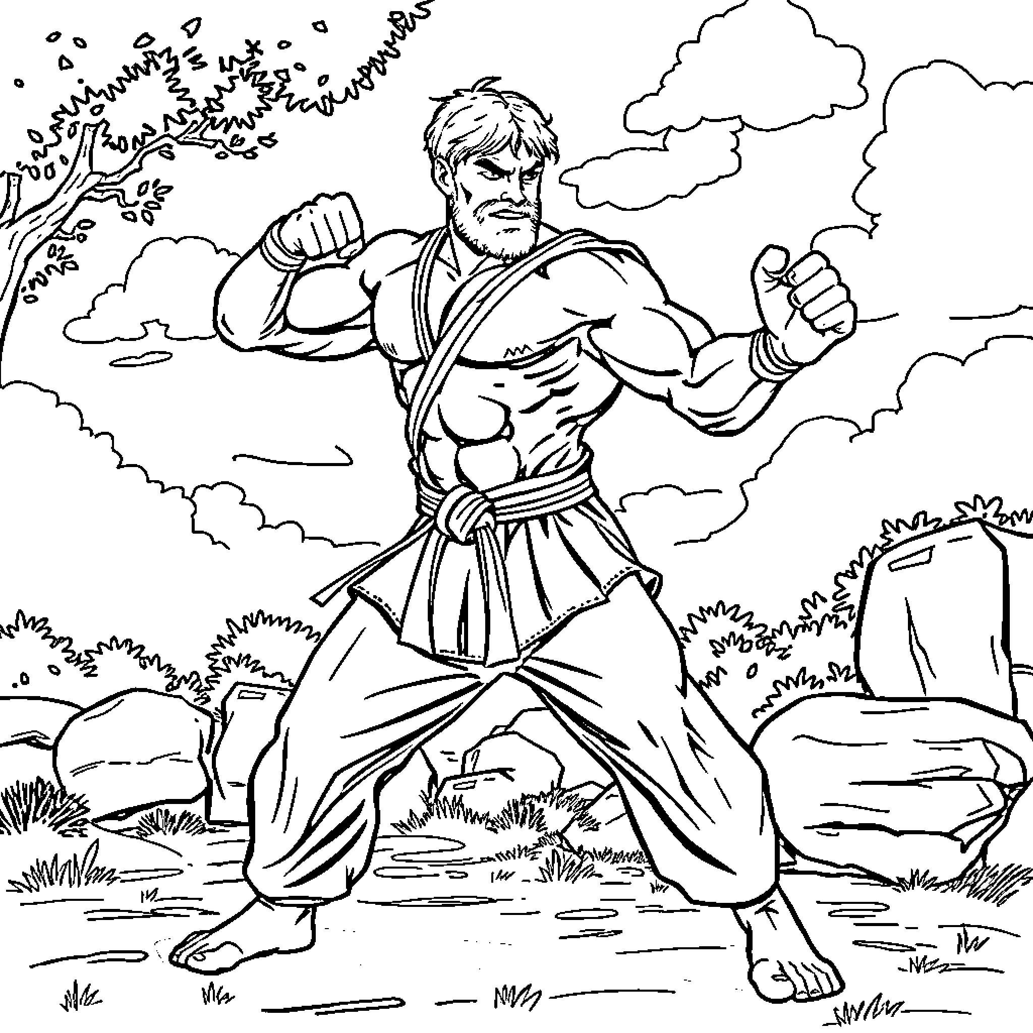Hercules the Mighty Warrior in Battle Stance Coloring Page (free black-and-white line drawing printable PDF for all, from beginners to advanced learners, including children, teens, adults, and seniors)