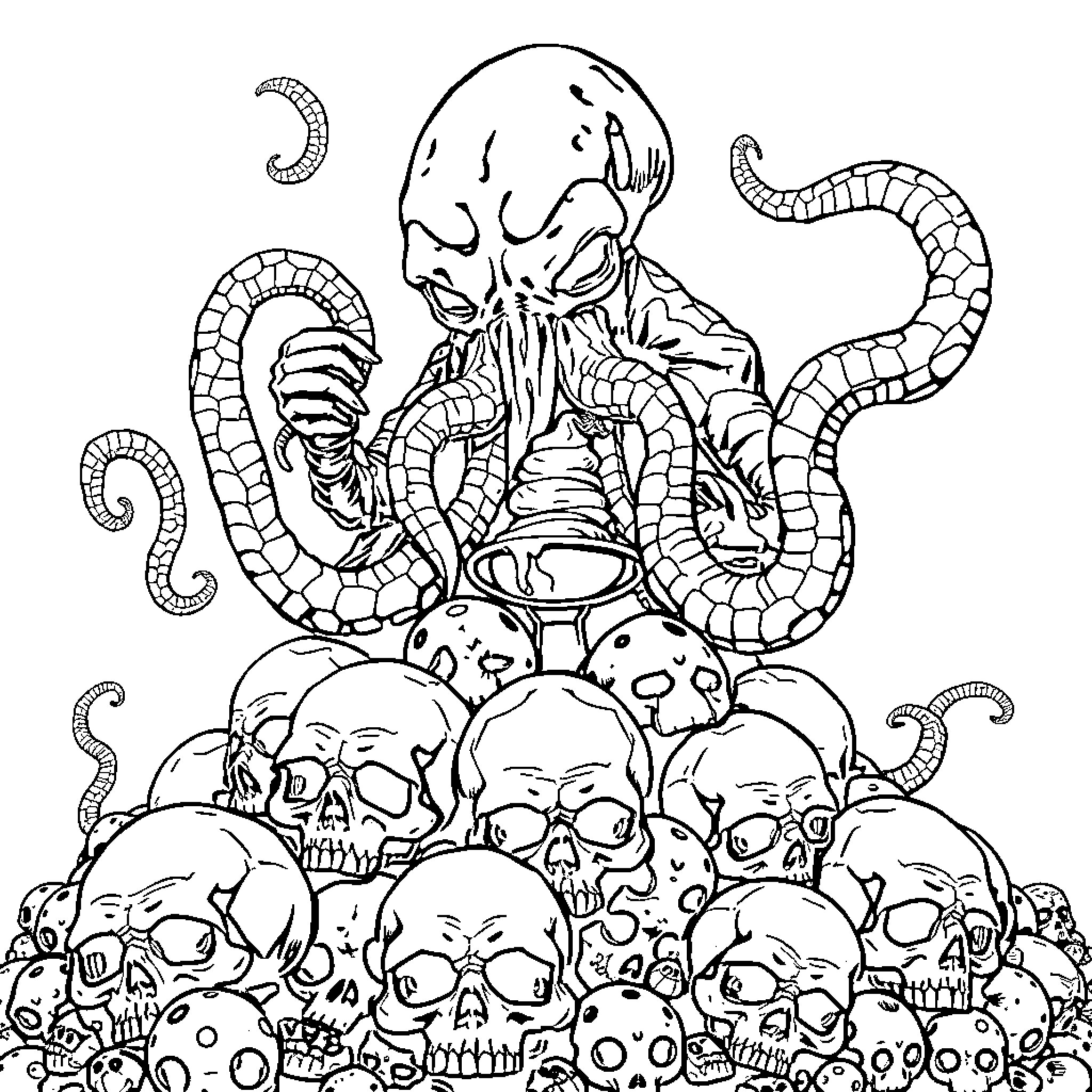 Chthulu's Malevolent Dominion over Skeletal Hordes Coloring Page (free black-and-white line drawing printable PDF for all, from beginners to advanced learners, including children, teens, adults, and seniors)